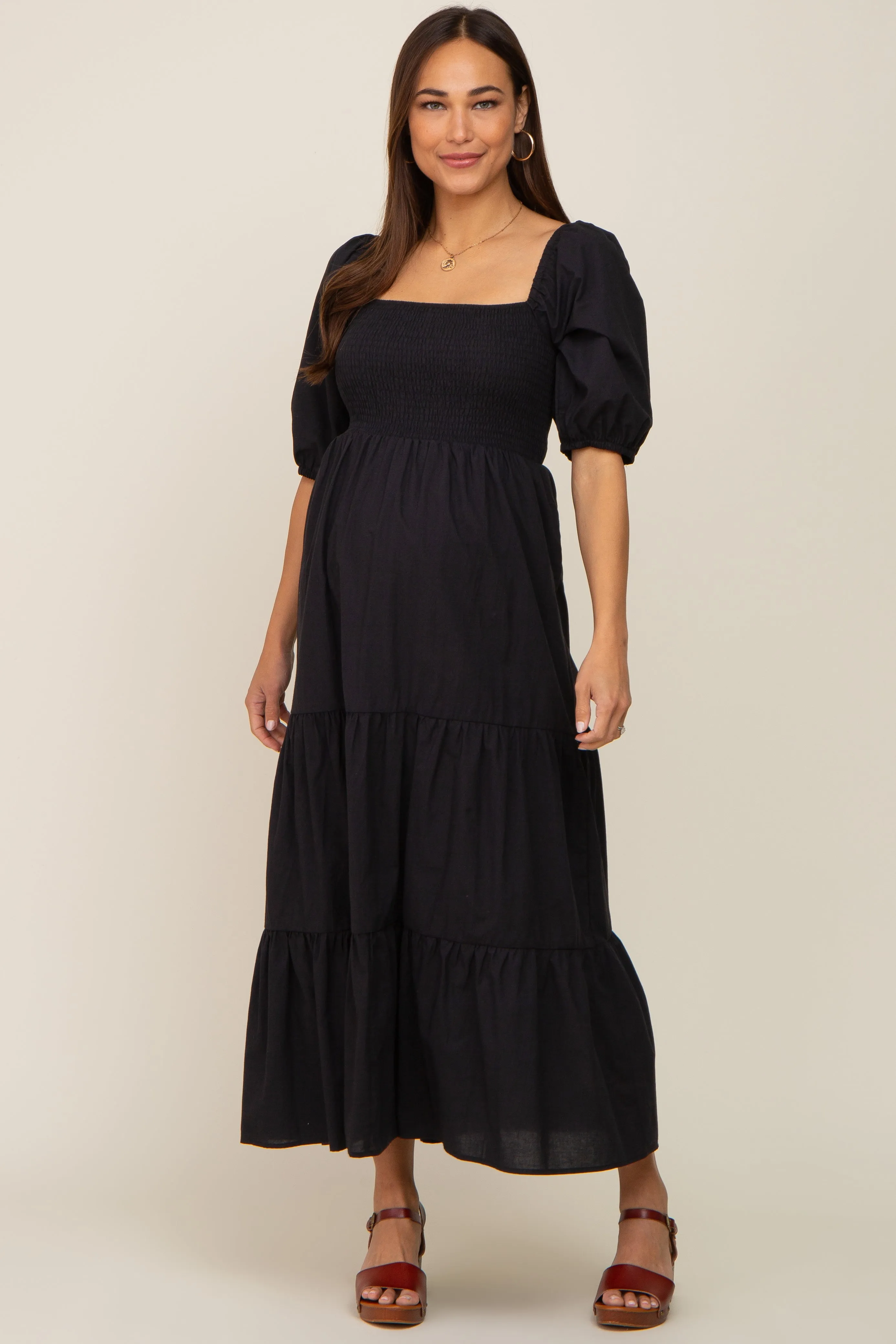 Black Square Neck Smocked Tiered Maternity Maxi Dress sold by Pinkblush