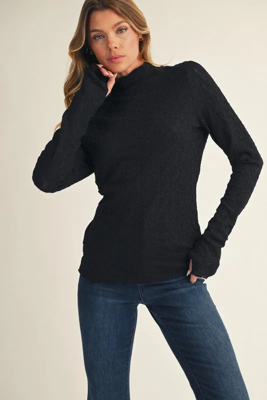 Black Thumbhole Sleeves Mock Neck Lace Top sold by Pinkblush