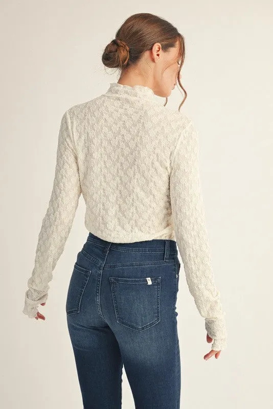 Ivory Thumbhole Sleeves Mock Neck Lace Top sold by Pinkblush product image thumbnail 3
