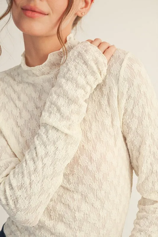 Ivory Thumbhole Sleeves Mock Neck Lace Top sold by Pinkblush product image thumbnail 4