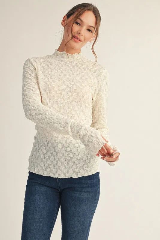 Ivory Thumbhole Sleeves Mock Neck Lace Top sold by Pinkblush