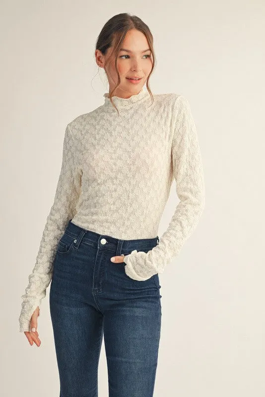 Ivory Thumbhole Sleeves Mock Neck Lace Top sold by Pinkblush product image thumbnail 2