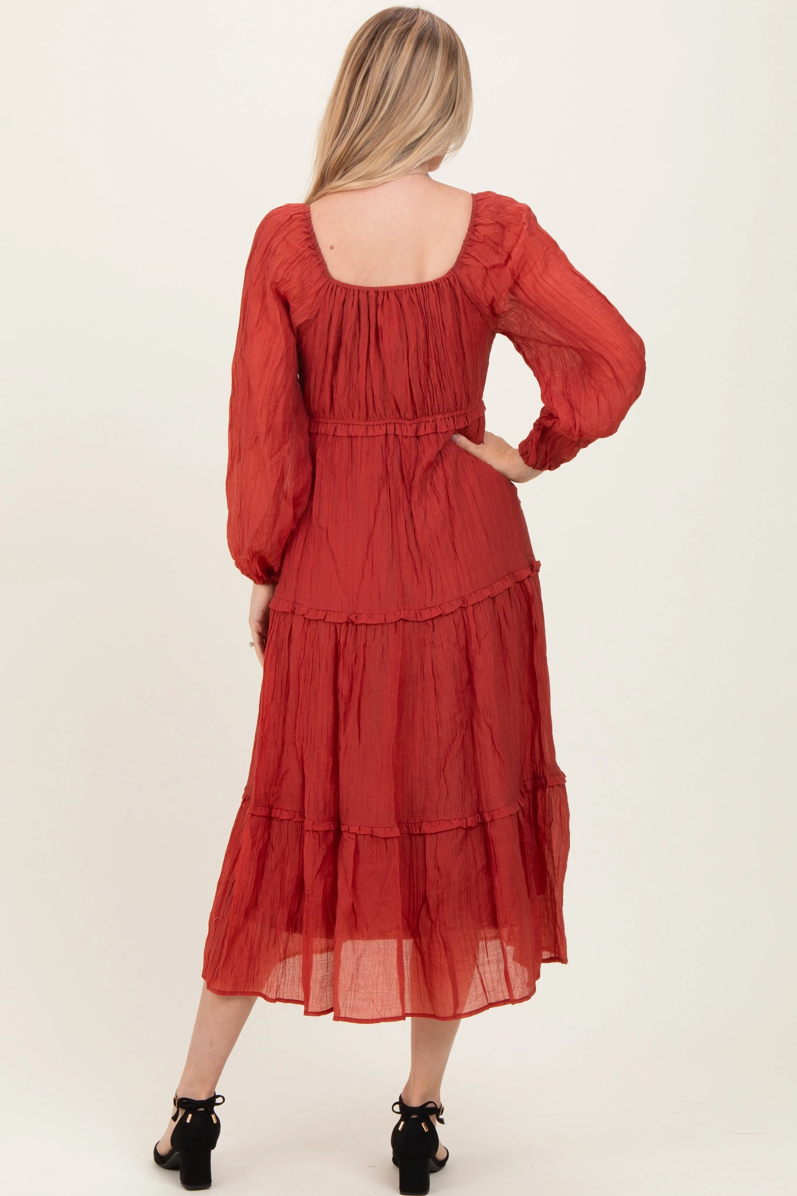 Rust Ruffle Accent Tiered Long Sleeve Maxi Dress sold by Pinkblush product image thumbnail 3