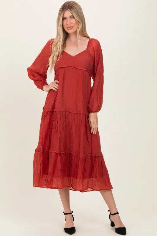 Rust Ruffle Accent Tiered Long Sleeve Maxi Dress sold by Pinkblush