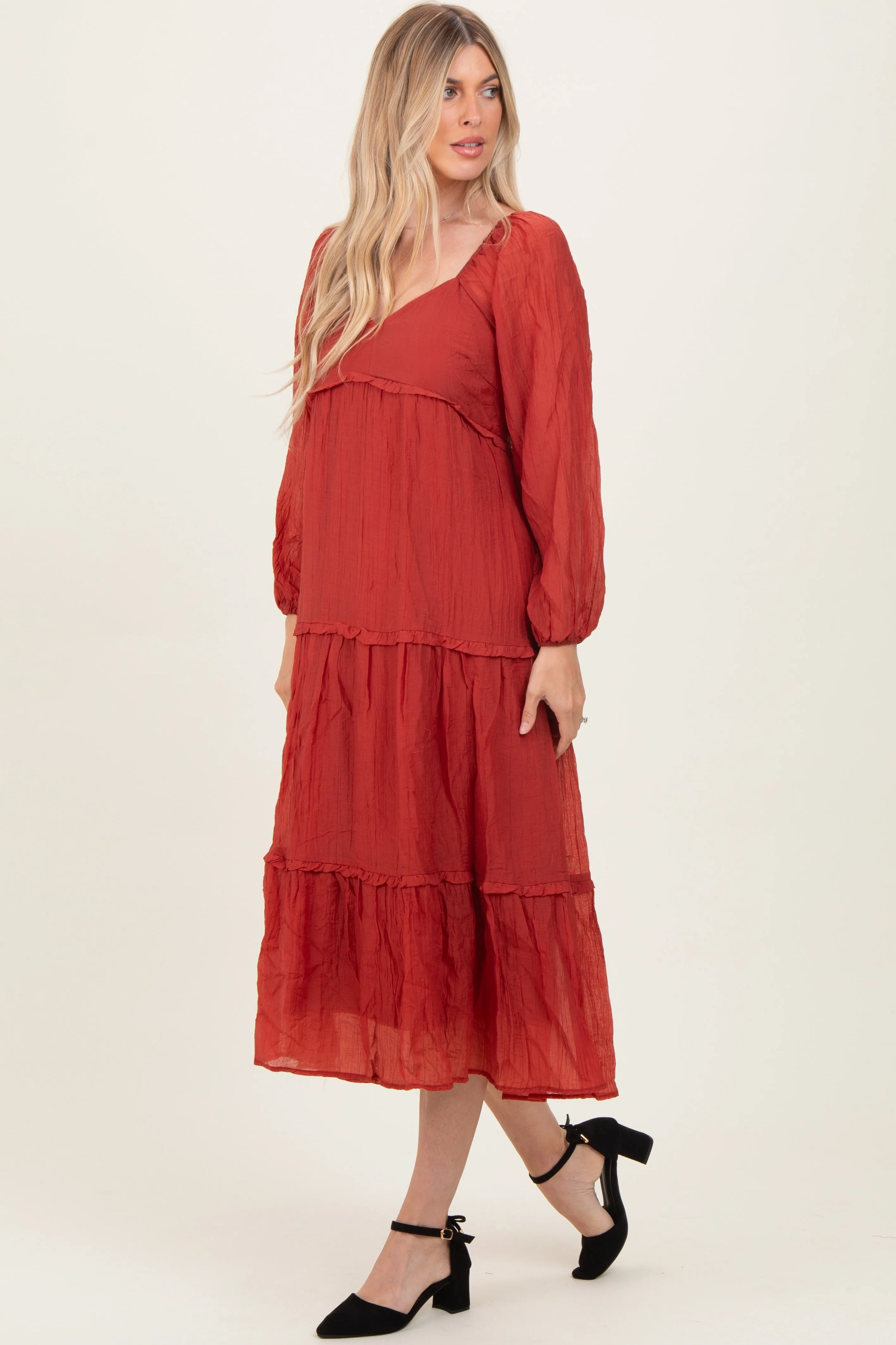 Rust Ruffle Accent Tiered Long Sleeve Maxi Dress sold by Pinkblush product image thumbnail 2