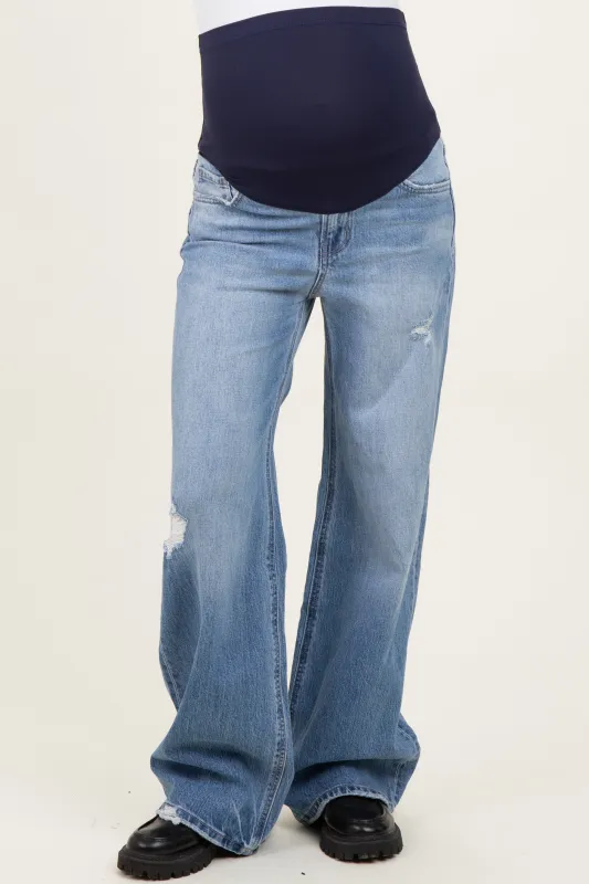 Blue High Rise Distressed Wide Leg Maternity Jeans made by Vervet