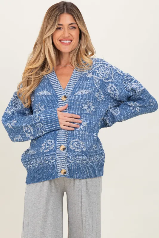 Blue Floral Knit Maternity Button Cardigan sold by Pinkblush