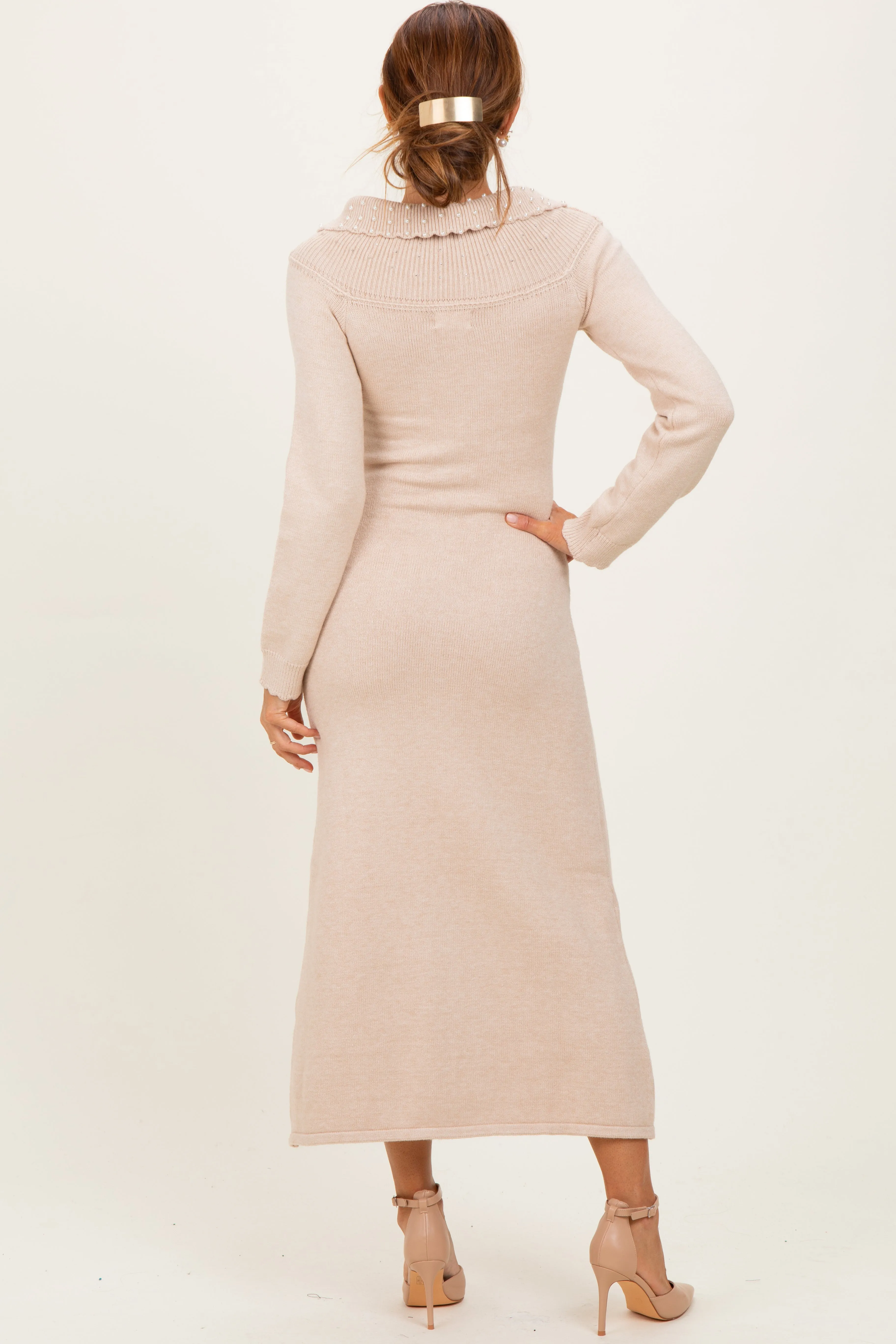 Beige Faux Pearl Detail Off Shoulder Sweater Dress sold by Pinkblush product image thumbnail 4