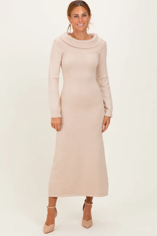 Beige Faux Pearl Detail Off Shoulder Sweater Dress sold by Pinkblush