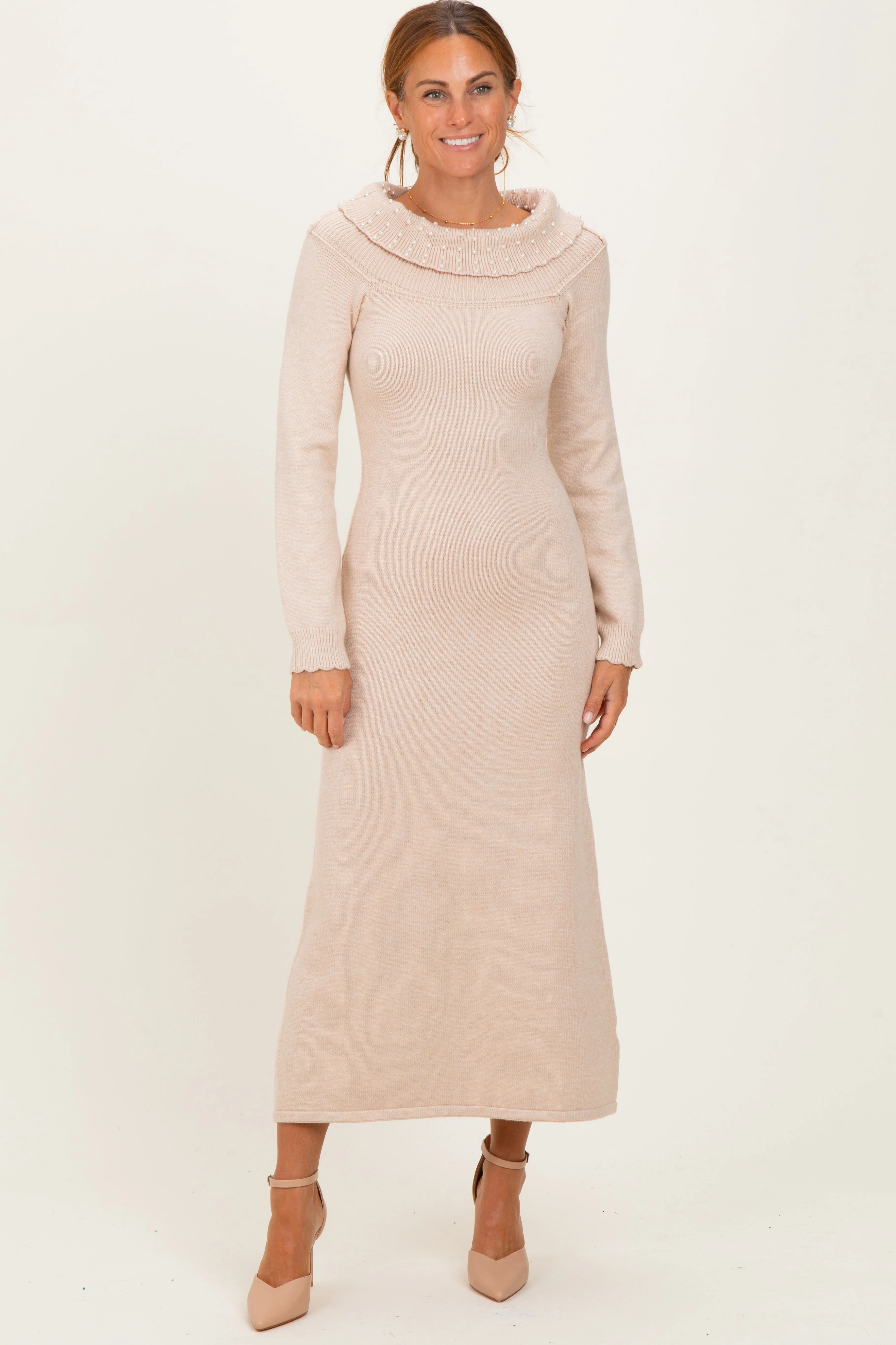 Beige Faux Pearl Detail Off Shoulder Sweater Dress sold by Pinkblush