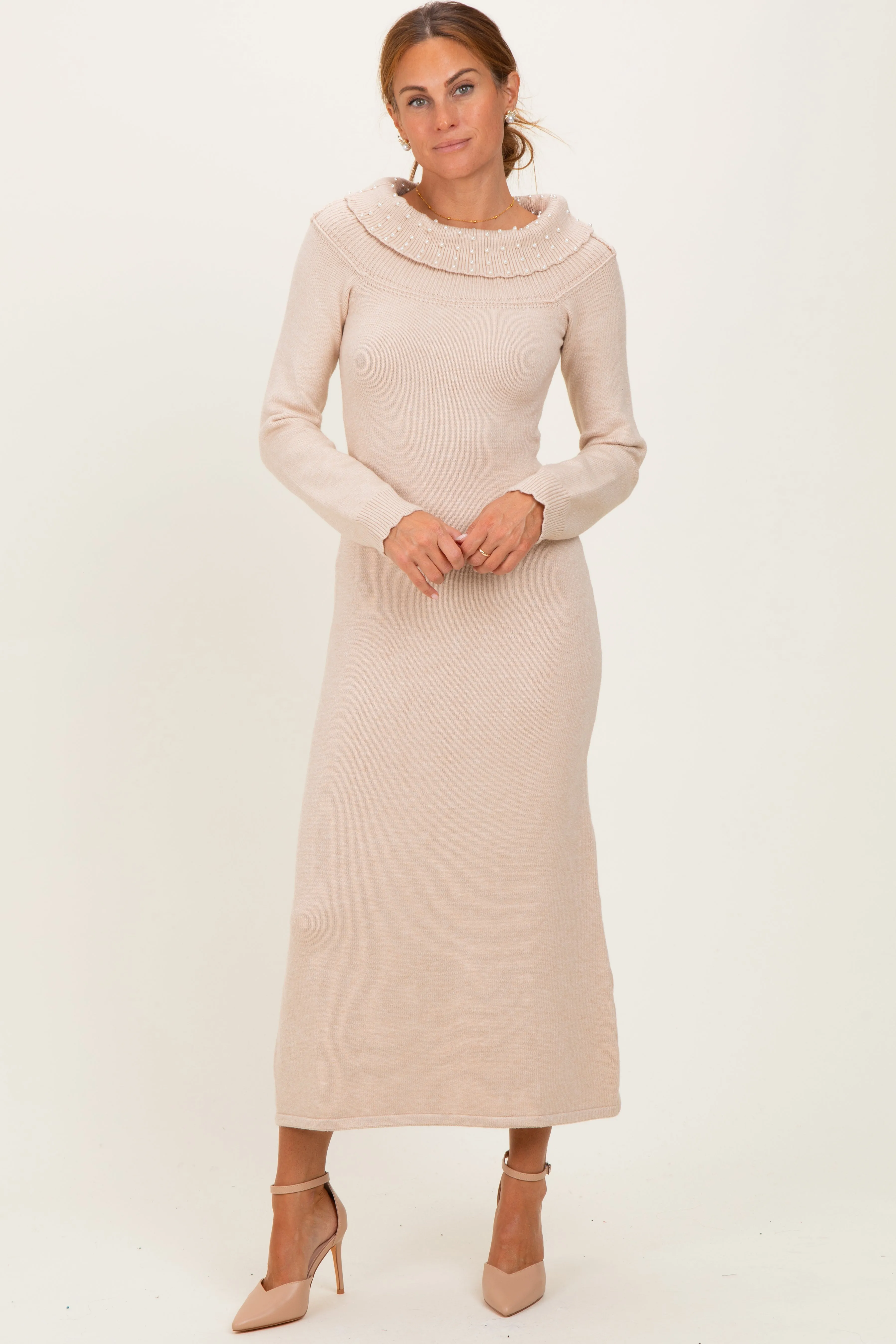 Beige Faux Pearl Detail Off Shoulder Sweater Dress sold by Pinkblush product image thumbnail 2