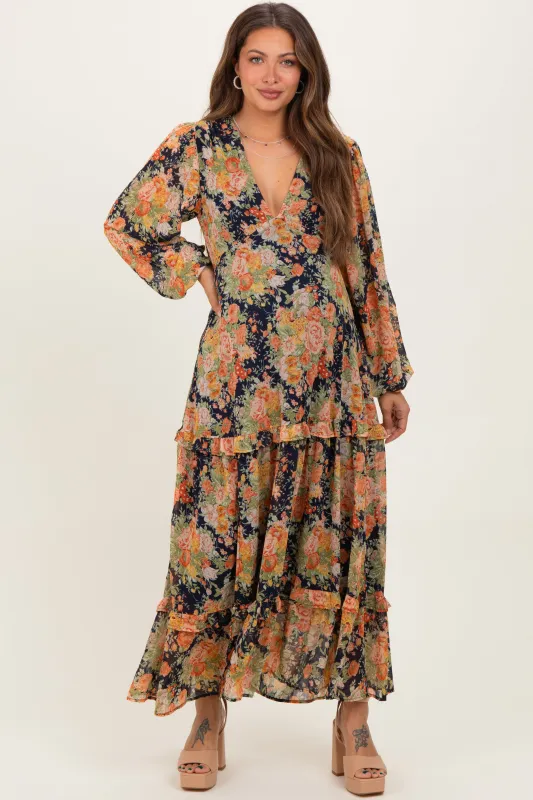 Navy Floral Deep V-Neck Tiered Maternity Maxi Dress sold by Pinkblush