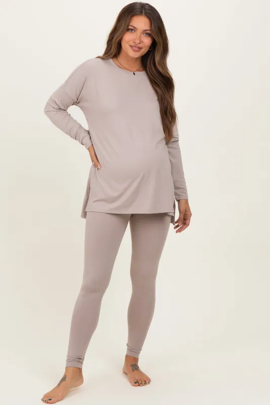 Light Mocha Brushed Knit Oversized Top and Legging Maternity Set sold by Pinkblush