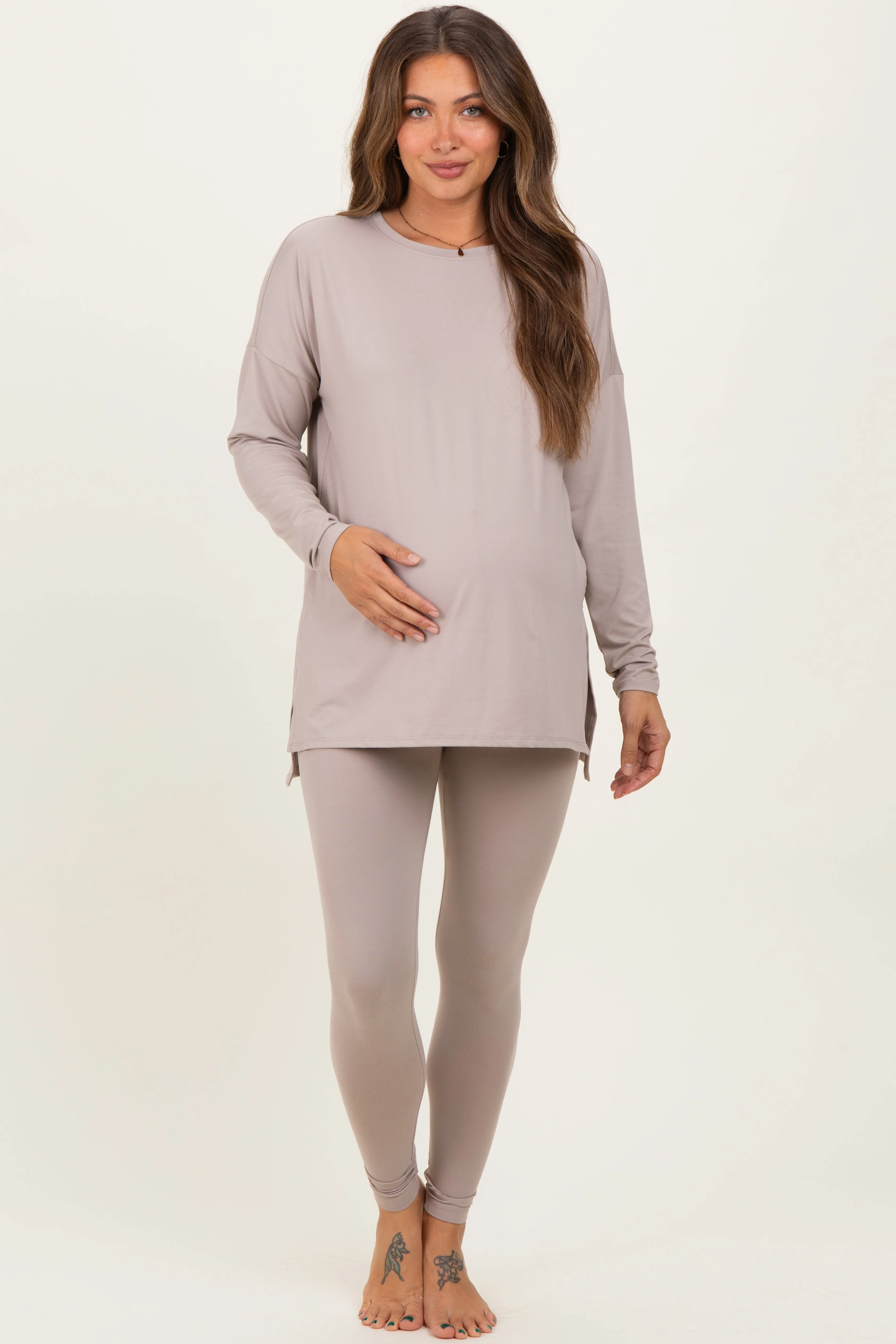 Light Mocha Brushed Knit Oversized Top and Legging Maternity Set sold by Pinkblush product image thumbnail 2