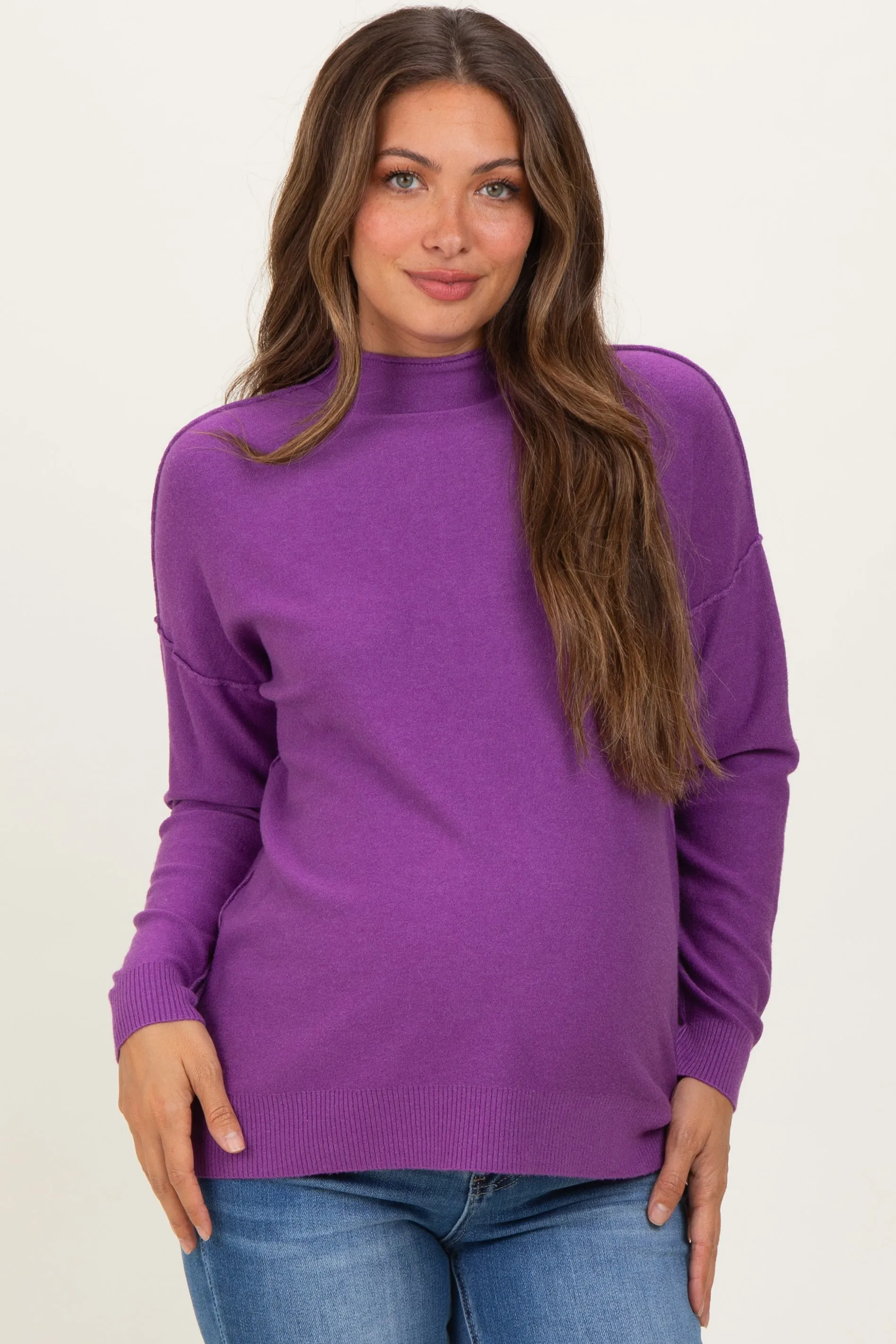 Violet Mock Neck Exposed Seam Maternity Sweater sold by Pinkblush