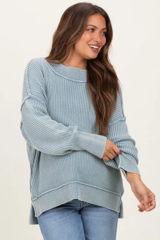 Light Blue Washed Side Slit Oversized Maternity Sweater sold by Pinkblush
