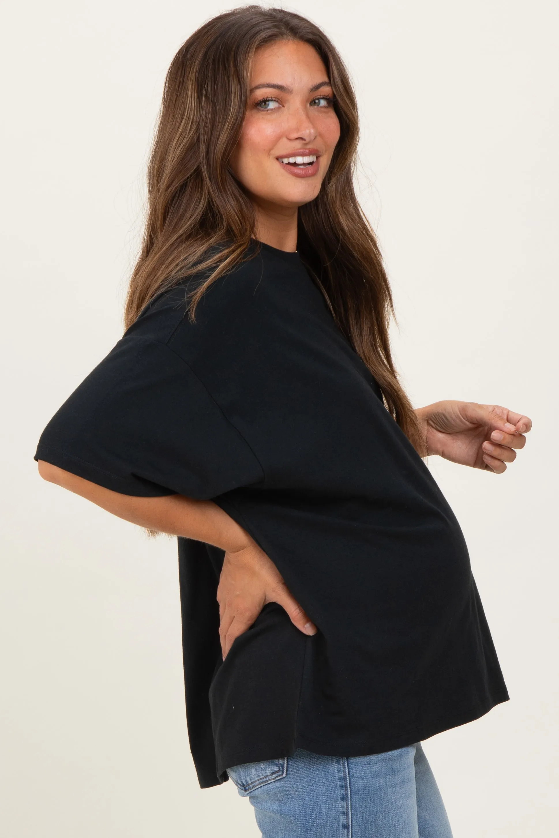 Black Crew Neck Short Sleeve Oversized Maternity T-Shirt sold by Pinkblush product image thumbnail 3