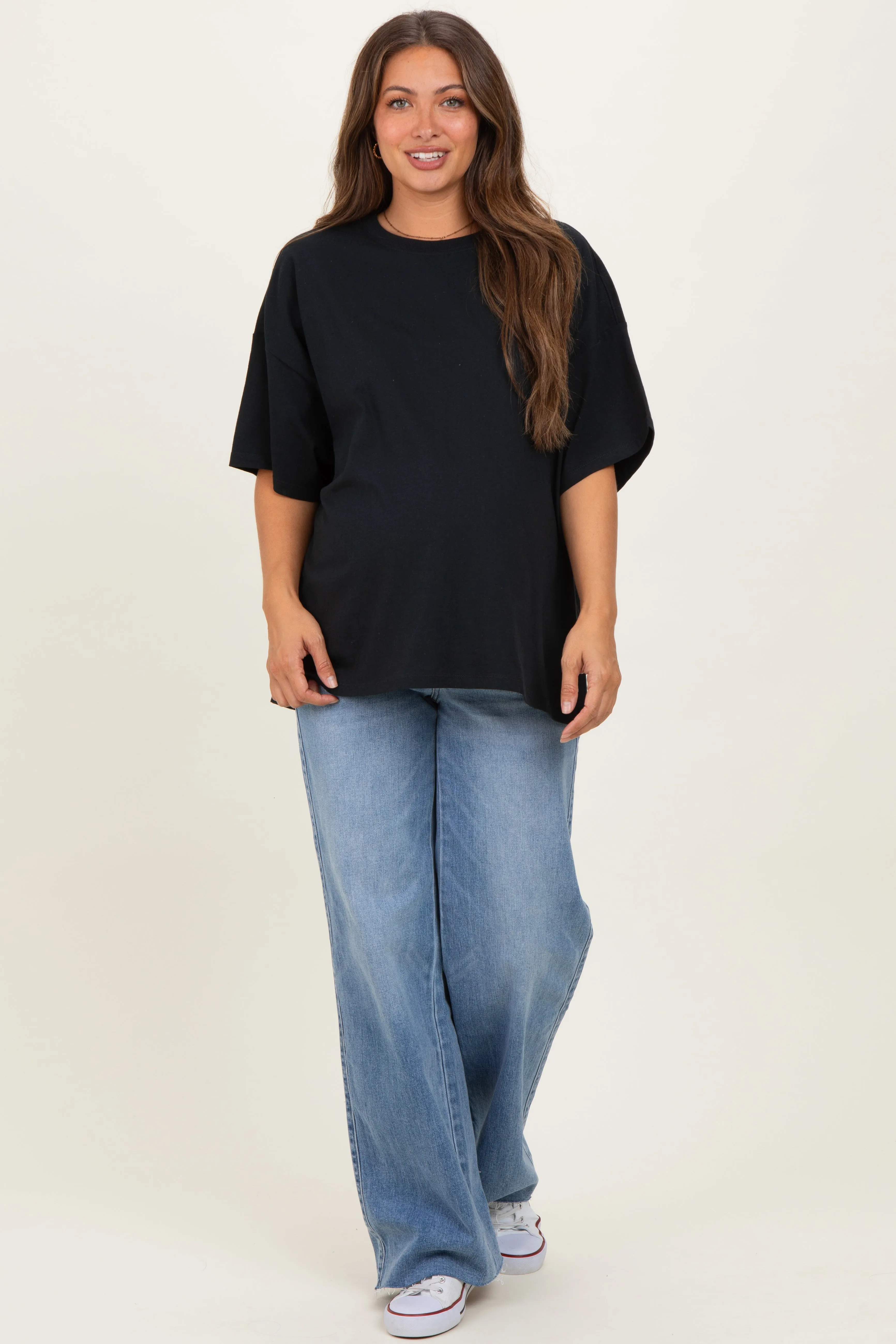 Black Crew Neck Short Sleeve Oversized Maternity T-Shirt sold by Pinkblush product image thumbnail 2