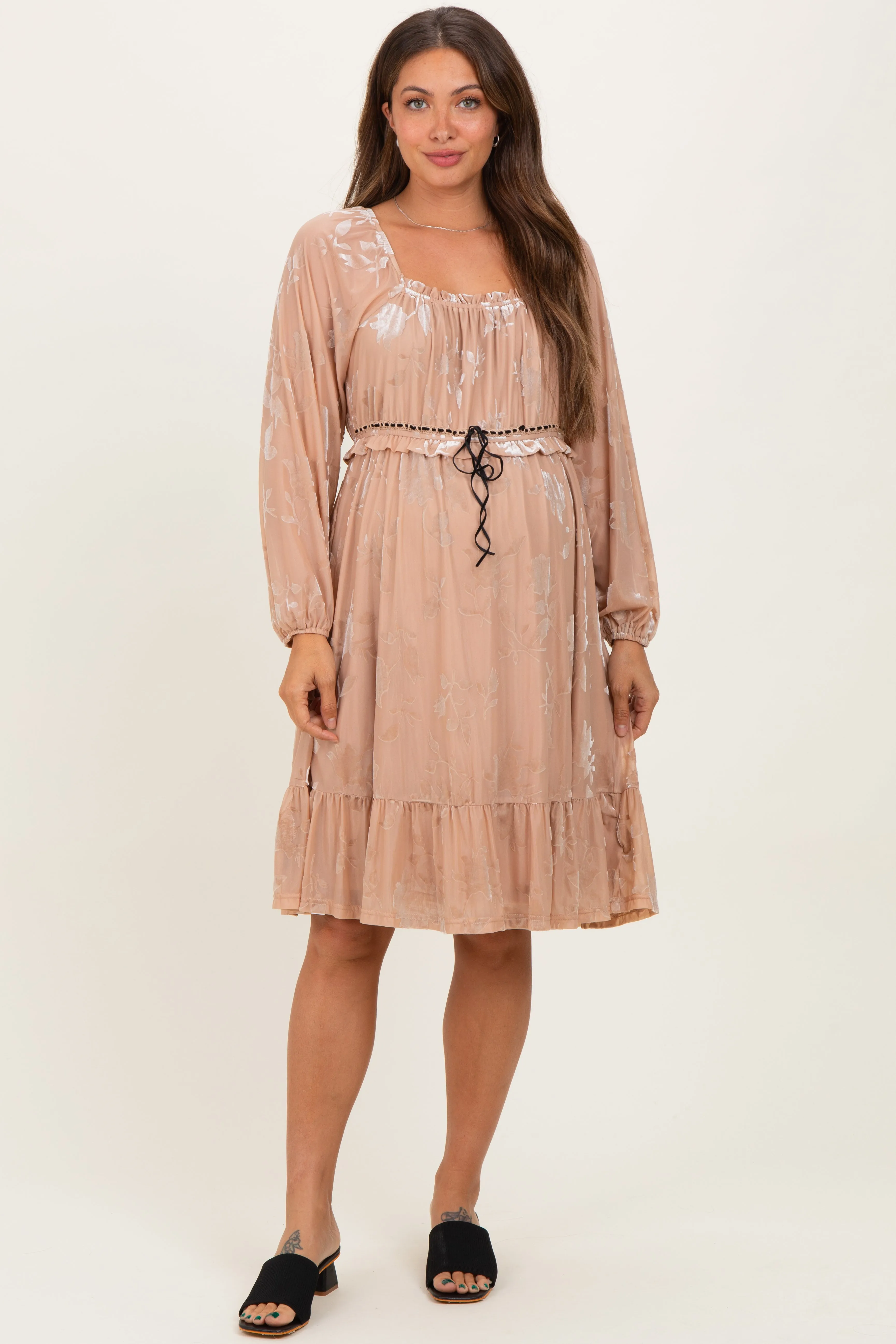 Mocha Floral Velvet Ruffle Accent Maternity Dress sold by Pinkblush