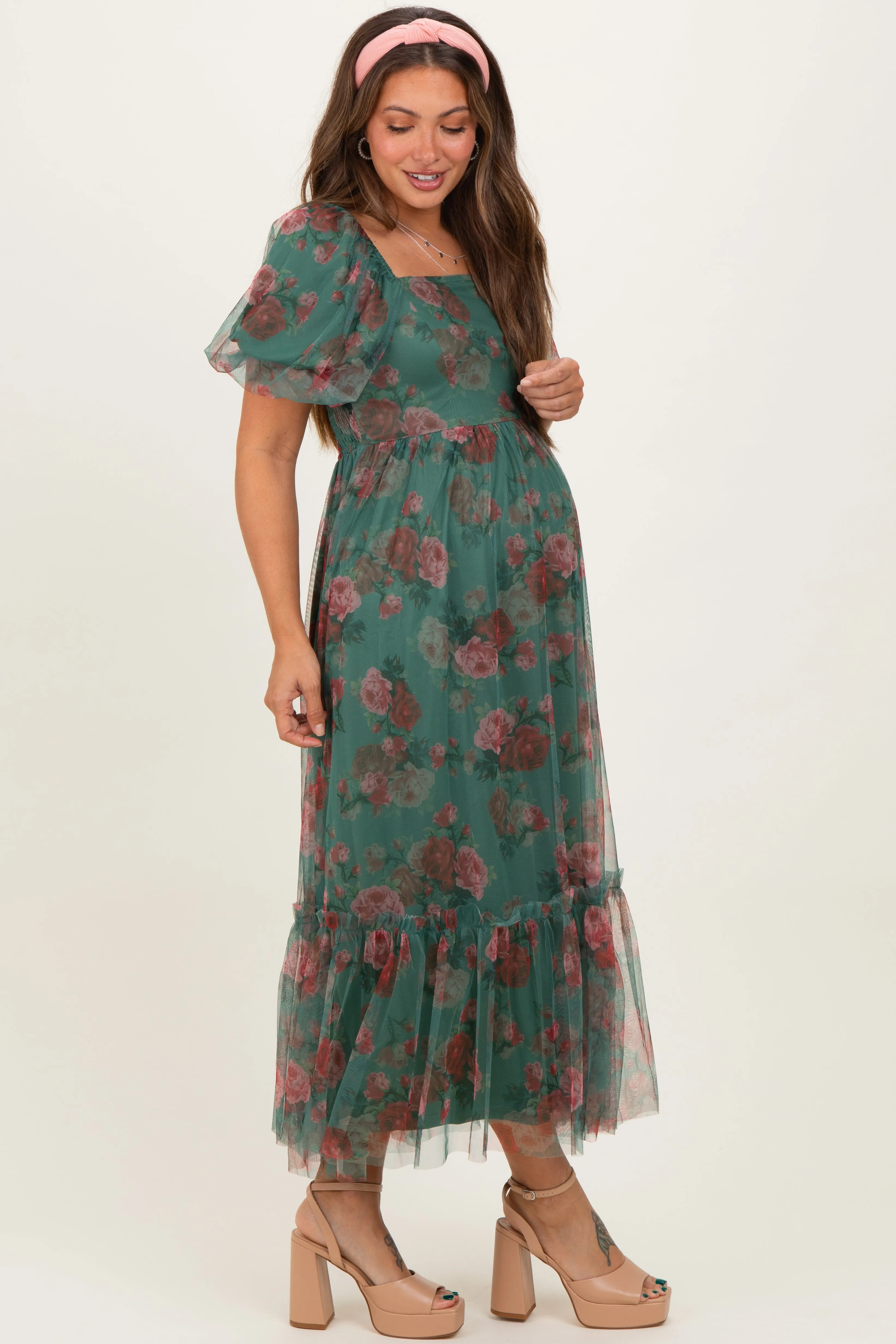 Forest Green Rose Print Tulle Overlay Maternity Midi Dress sold by Pinkblush product image thumbnail 3