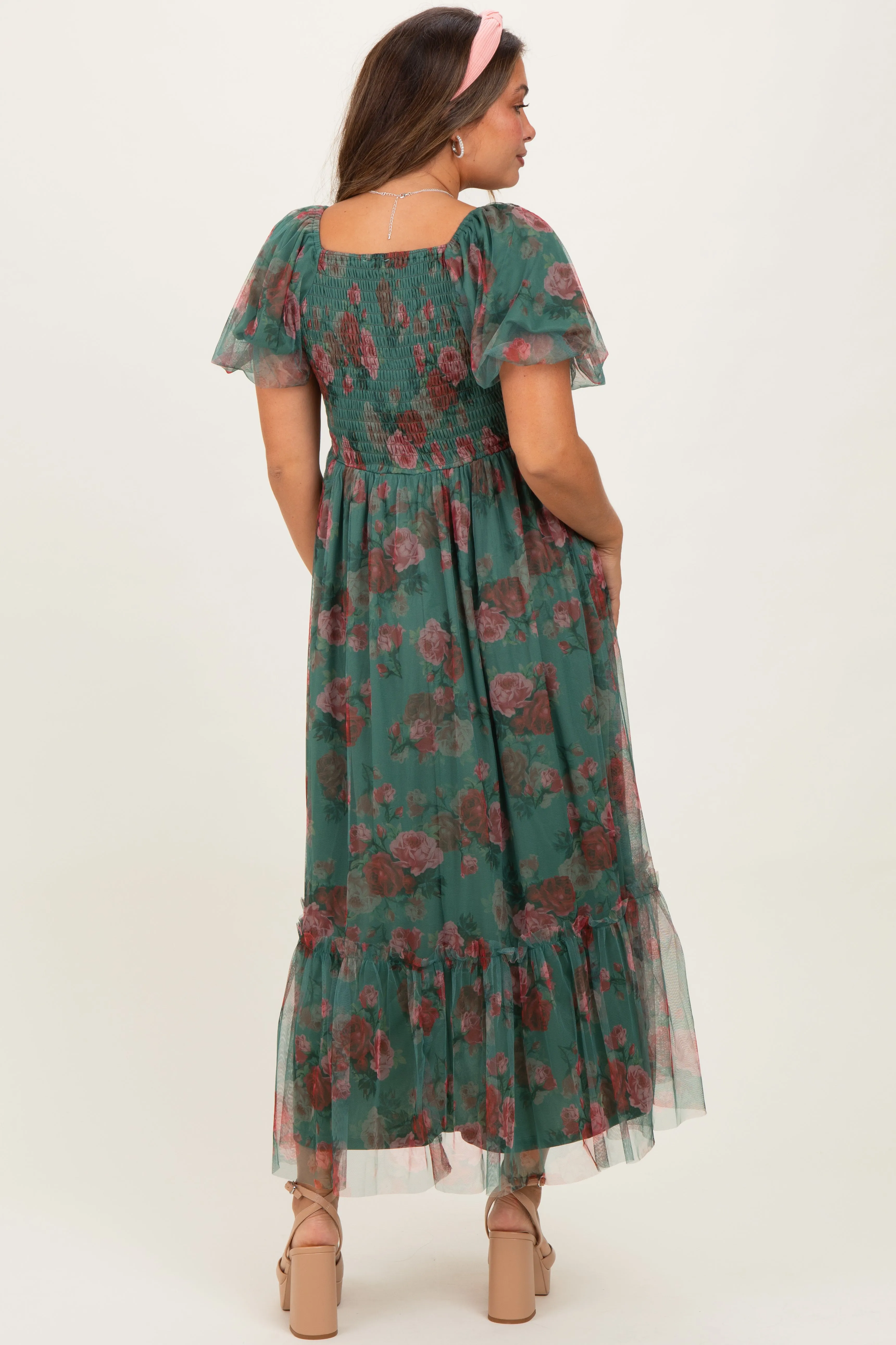 Forest Green Rose Print Tulle Overlay Maternity Midi Dress sold by Pinkblush product image thumbnail 4