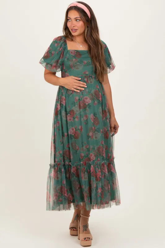 Forest Green Rose Print Tulle Overlay Maternity Midi Dress made by Polagram