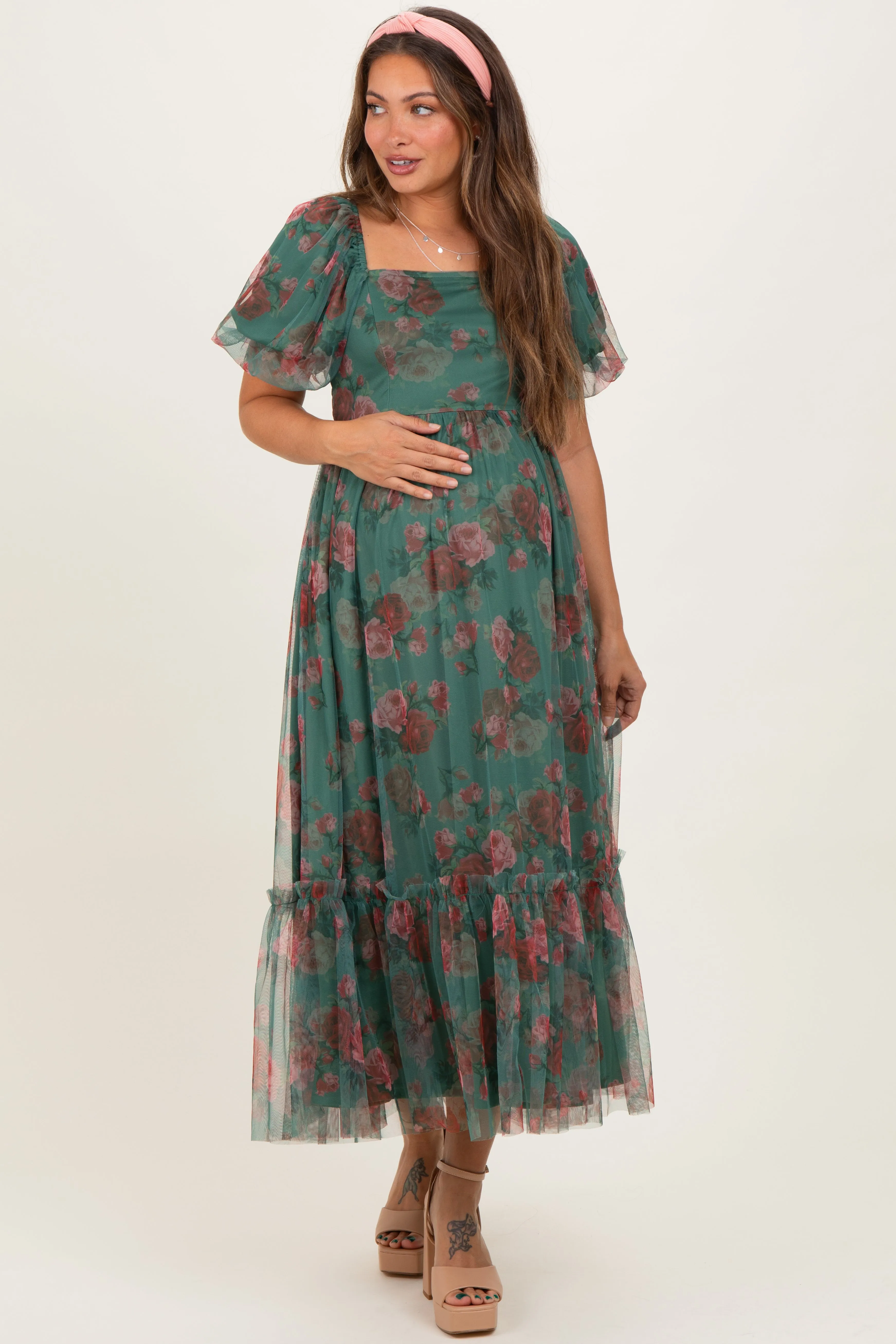 Forest Green Rose Print Tulle Overlay Maternity Midi Dress sold by Pinkblush