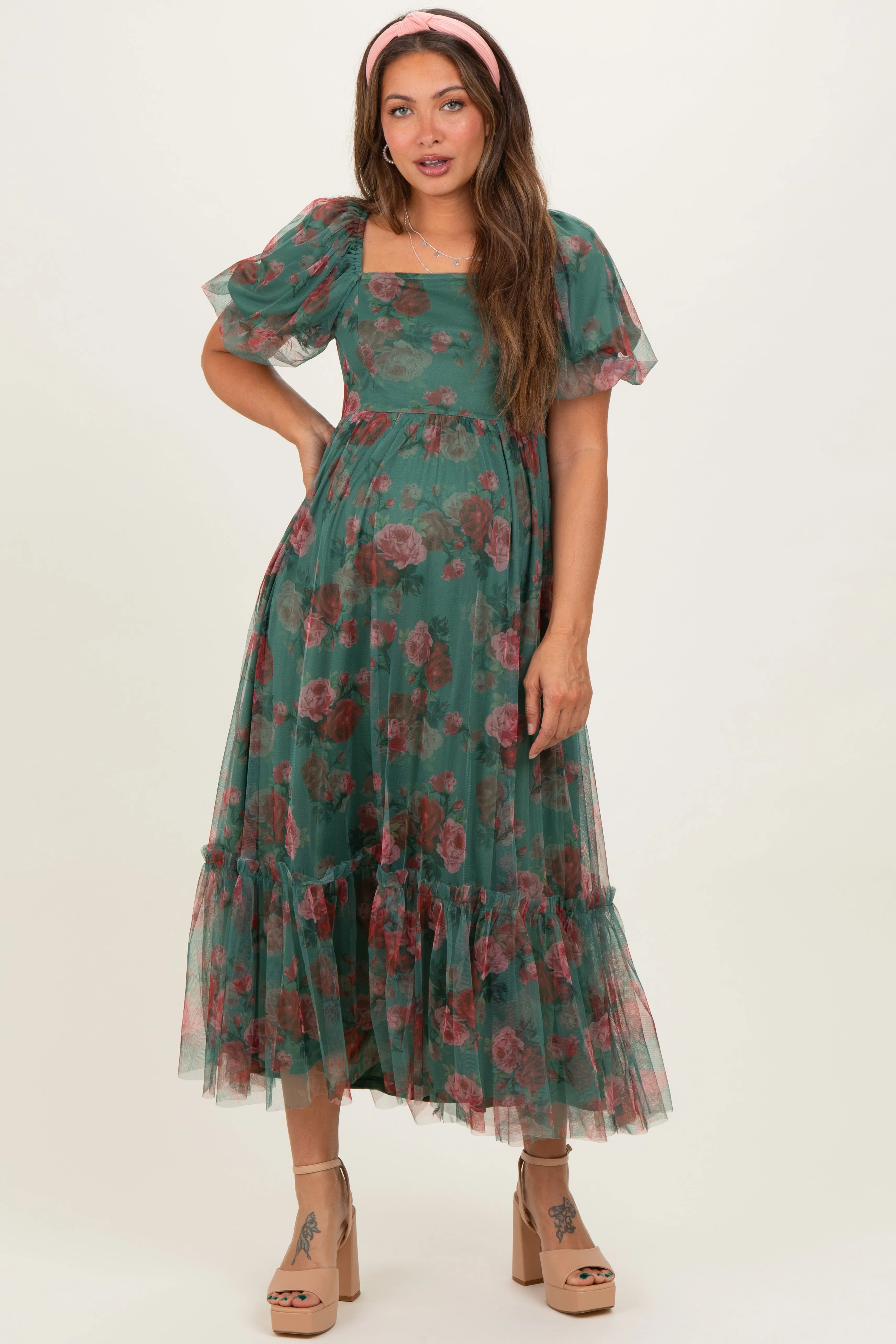 Forest Green Rose Print Tulle Overlay Maternity Midi Dress sold by Pinkblush product image thumbnail 2