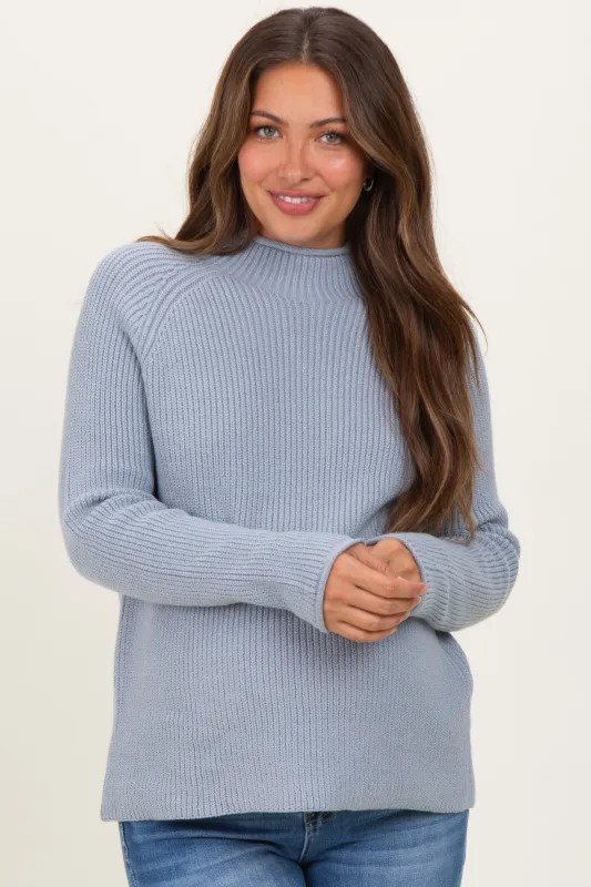 Light Blue Mock Neck Ribbed Knit Basic Maternity Sweater Top sold by Pinkblush