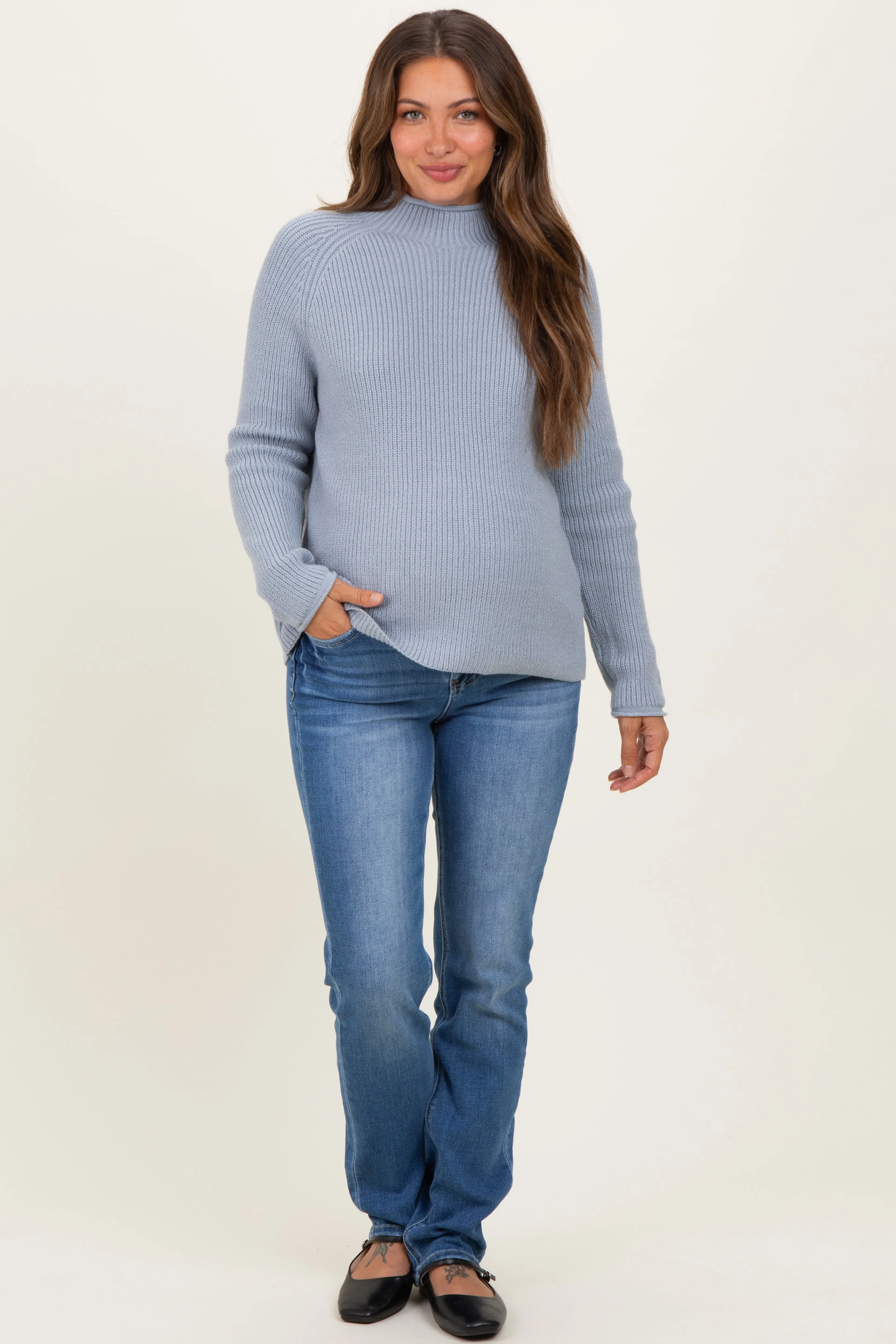 Light Blue Mock Neck Ribbed Knit Basic Maternity Sweater Top sold by Pinkblush product image thumbnail 2