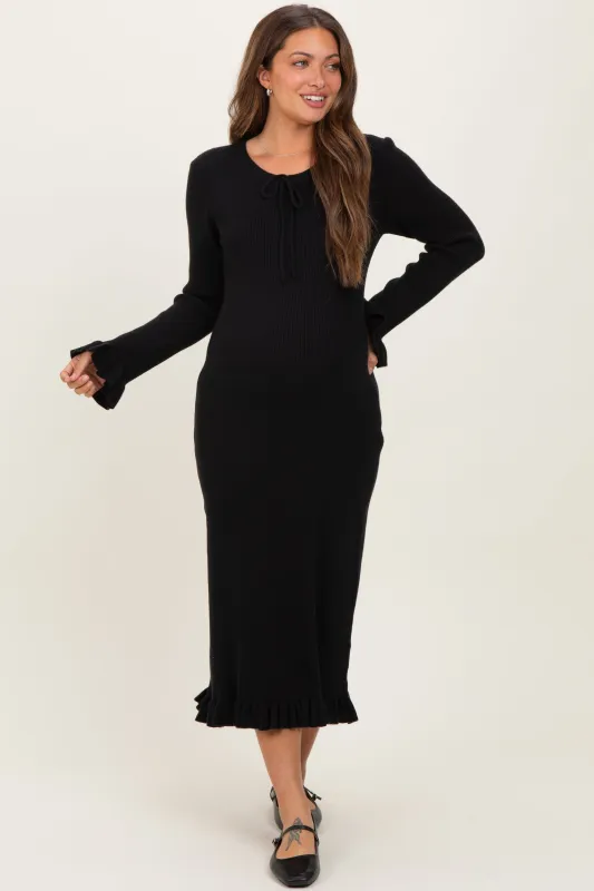 Black Ribbed Knit Ruffle Trim Maternity Midi Sweater Dress sold by Pinkblush