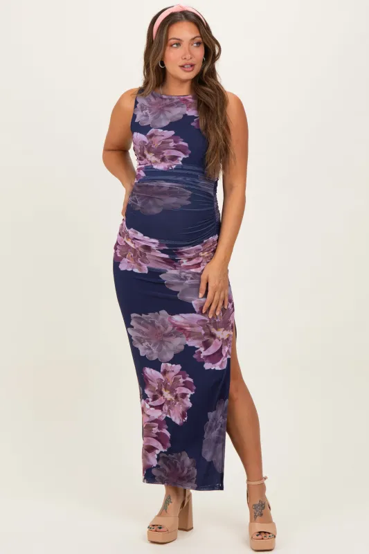 Navy Floral Ruched Sleeveless Maternity Midi Dress sold by Pinkblush