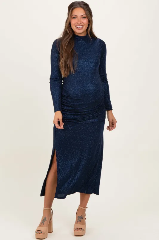 Navy Sequin Long Sleeve Mock Neck Maternity Maxi Dress made by Pinkblush