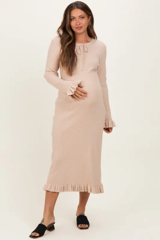Beige Ribbed Knit Ruffle Trim Maternity Midi Sweater Dress sold by Pinkblush