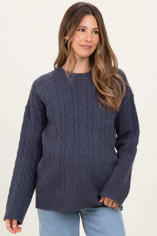Navy Braid Knit Pattern Soft Fluffy Maternity Sweater Top sold by Pinkblush