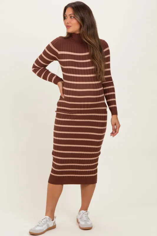 Brown Striped Turtleneck Maternity Midi Sweater Dress sold by Pinkblush