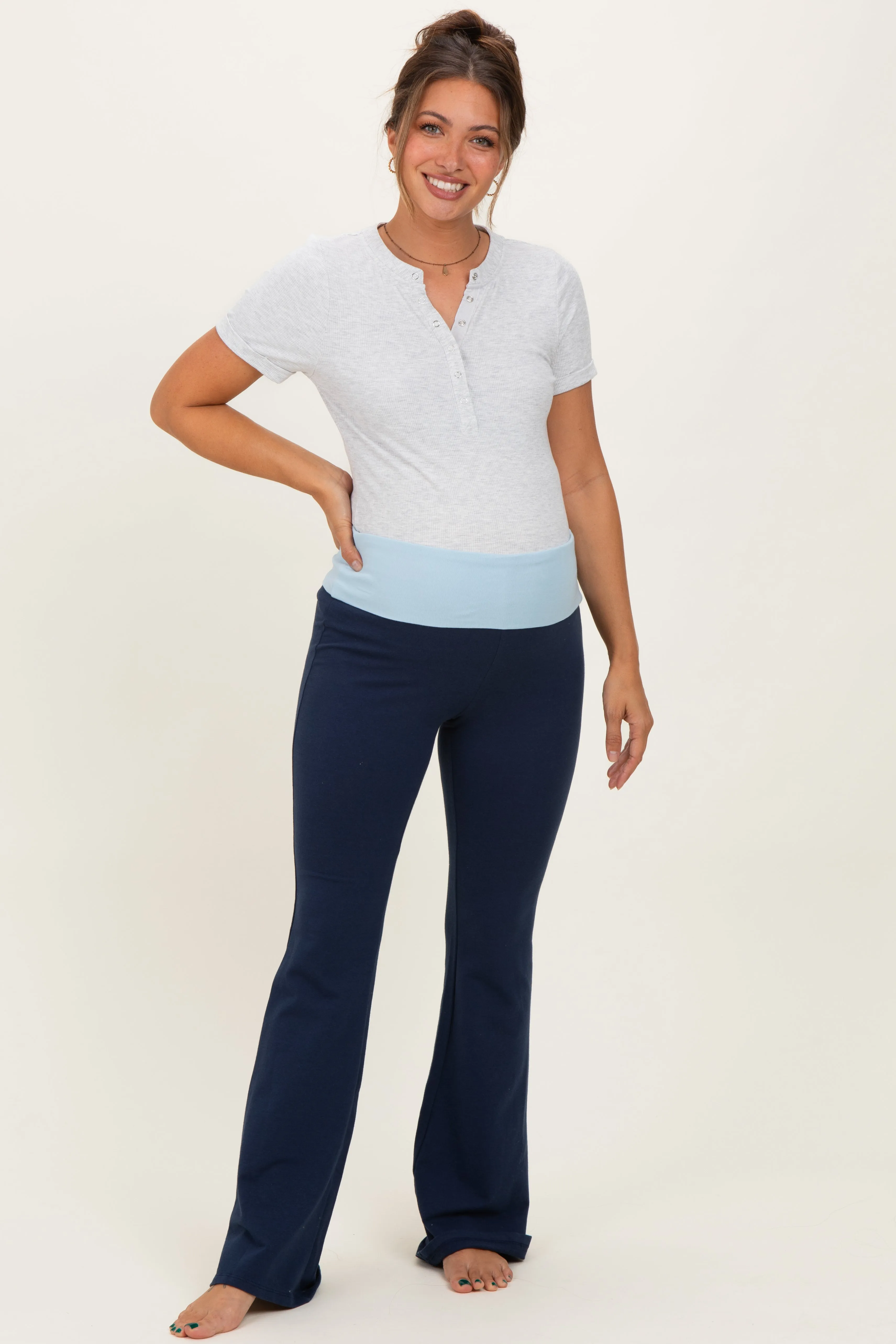 Navy Contrast Waistband Flared Maternity Lounge Pants sold by Pinkblush
