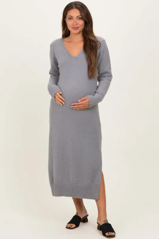 Heather Grey V-Neck Relaxed Fit Maternity Sweater Dress sold by Pinkblush