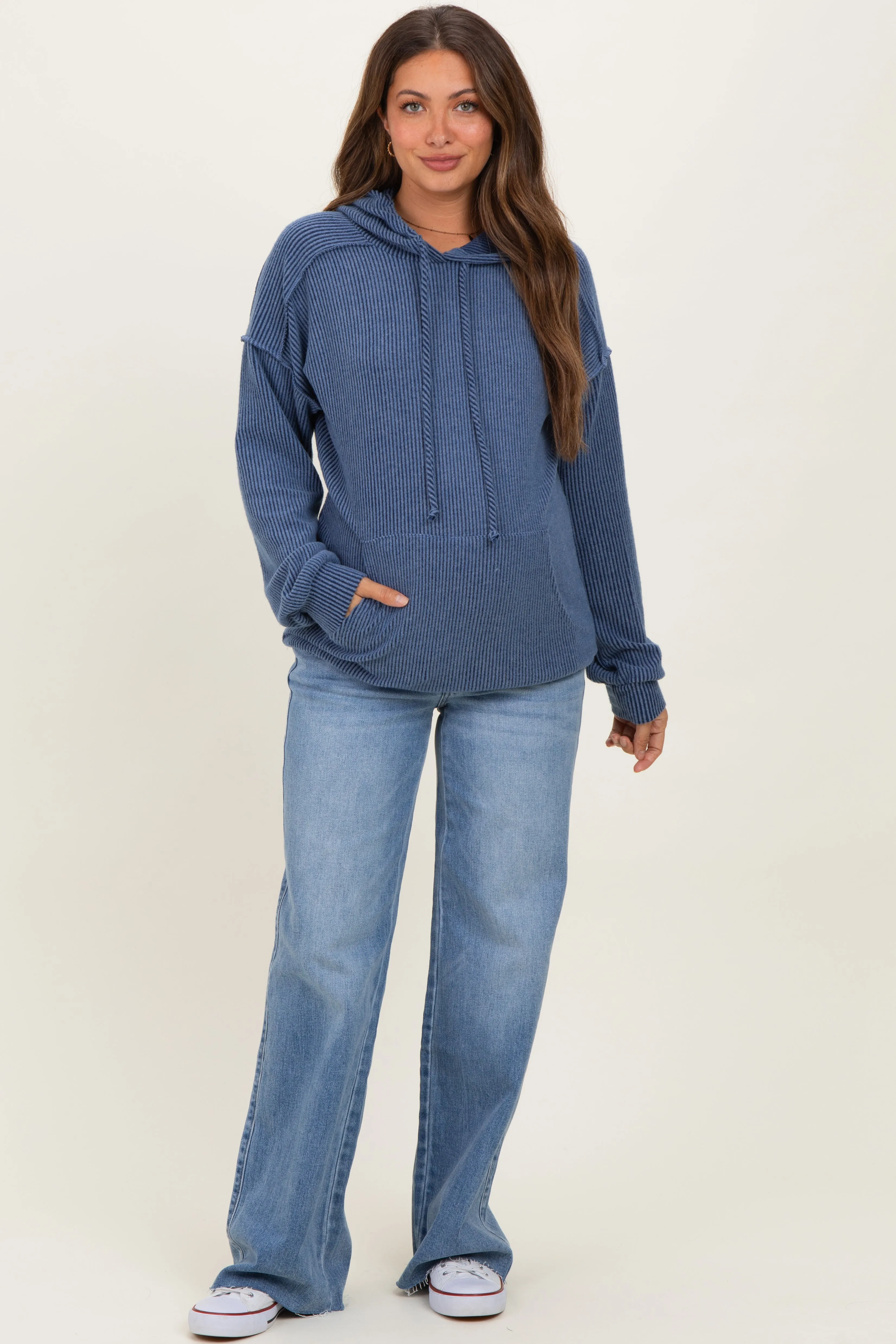 Navy Long Sleeve Brushed Urban Rib Maternity Hoodie Top sold by Pinkblush product image thumbnail 2