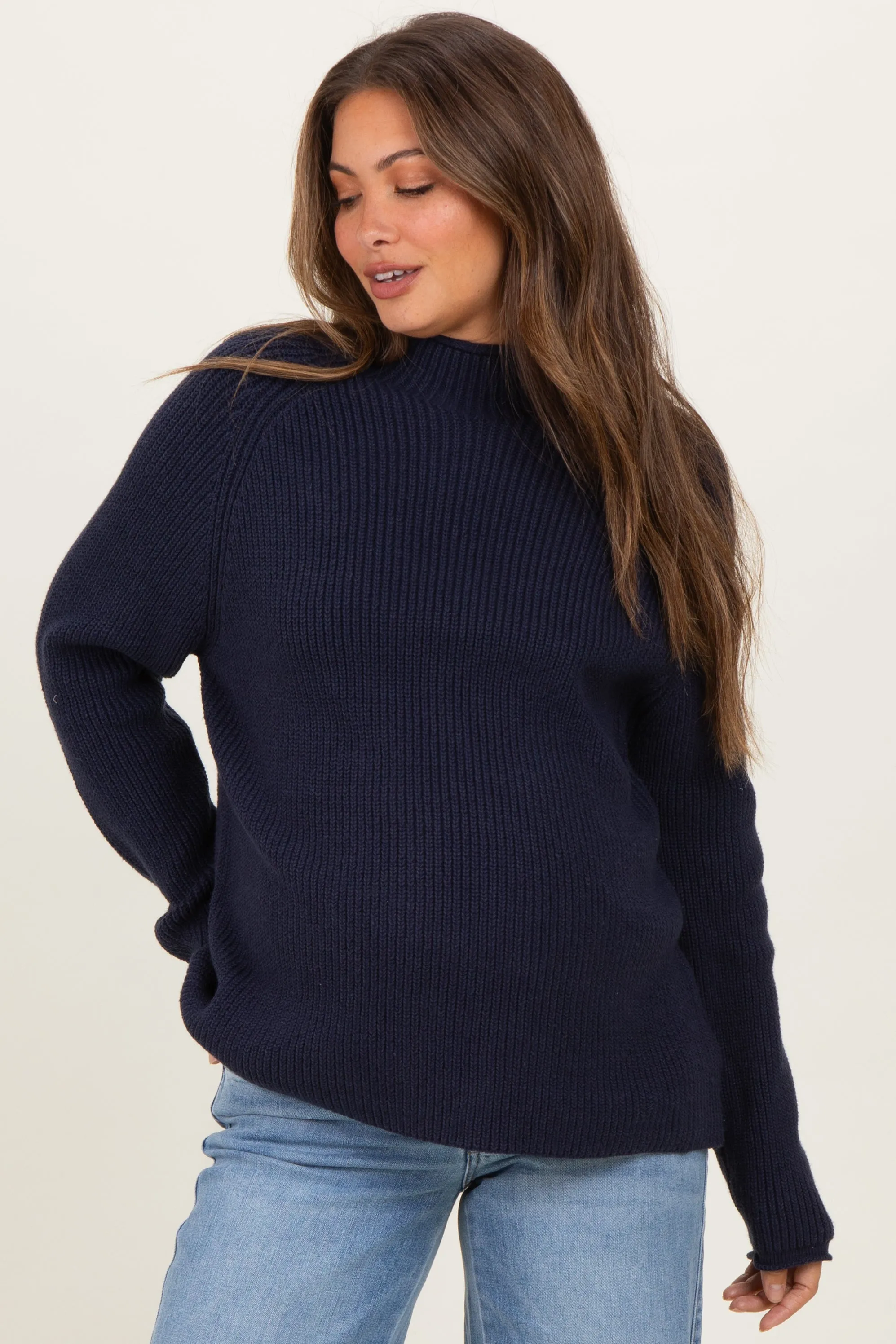 Navy Mock Neck Ribbed Knit Basic Maternity Sweater Top sold by Pinkblush