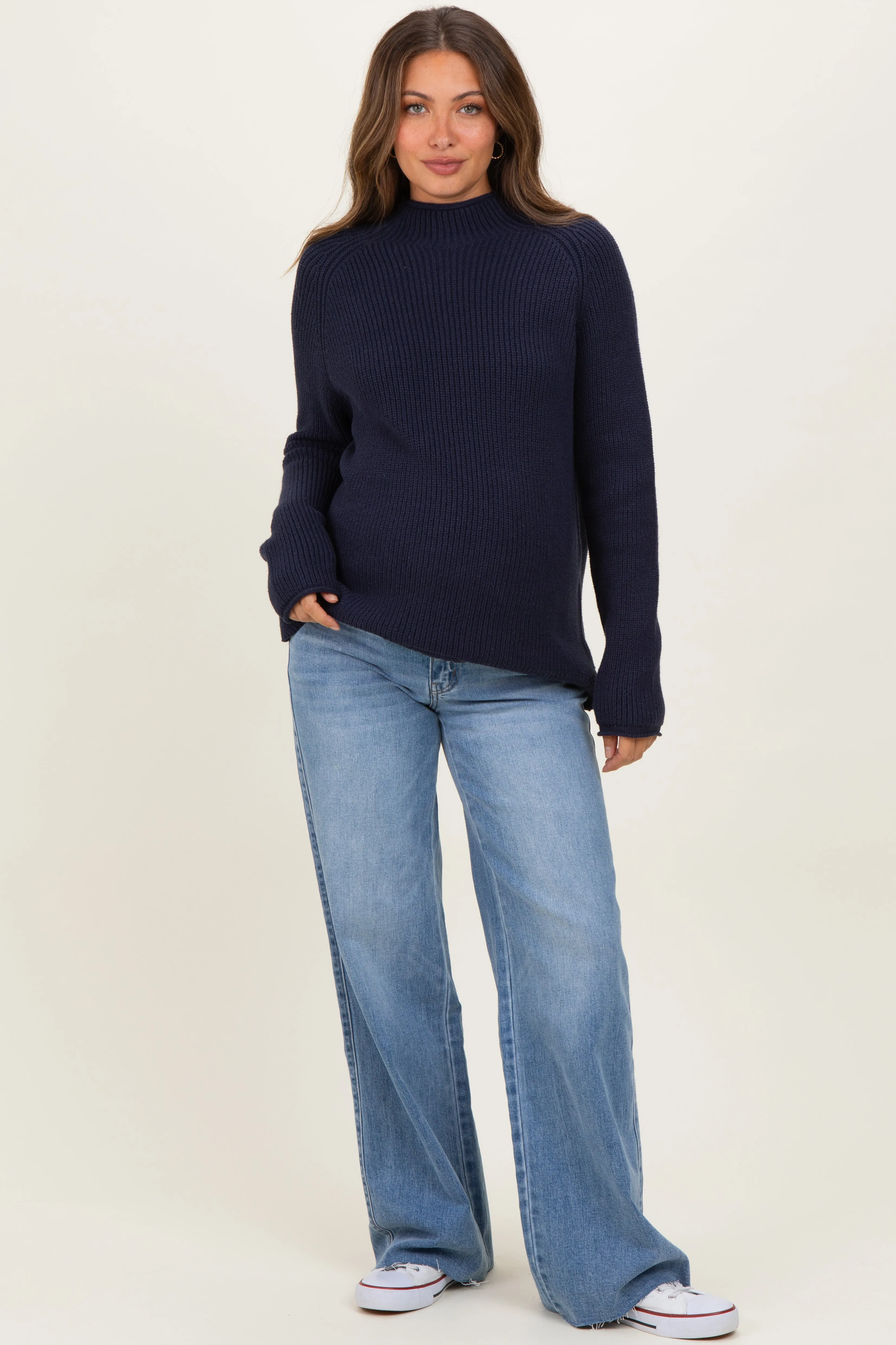 Navy Mock Neck Ribbed Knit Basic Maternity Sweater Top sold by Pinkblush product image thumbnail 2