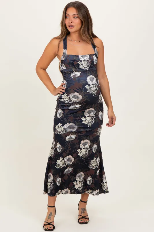 Black Lace Up Back Maternity Midi Dress sold by Pinkblush