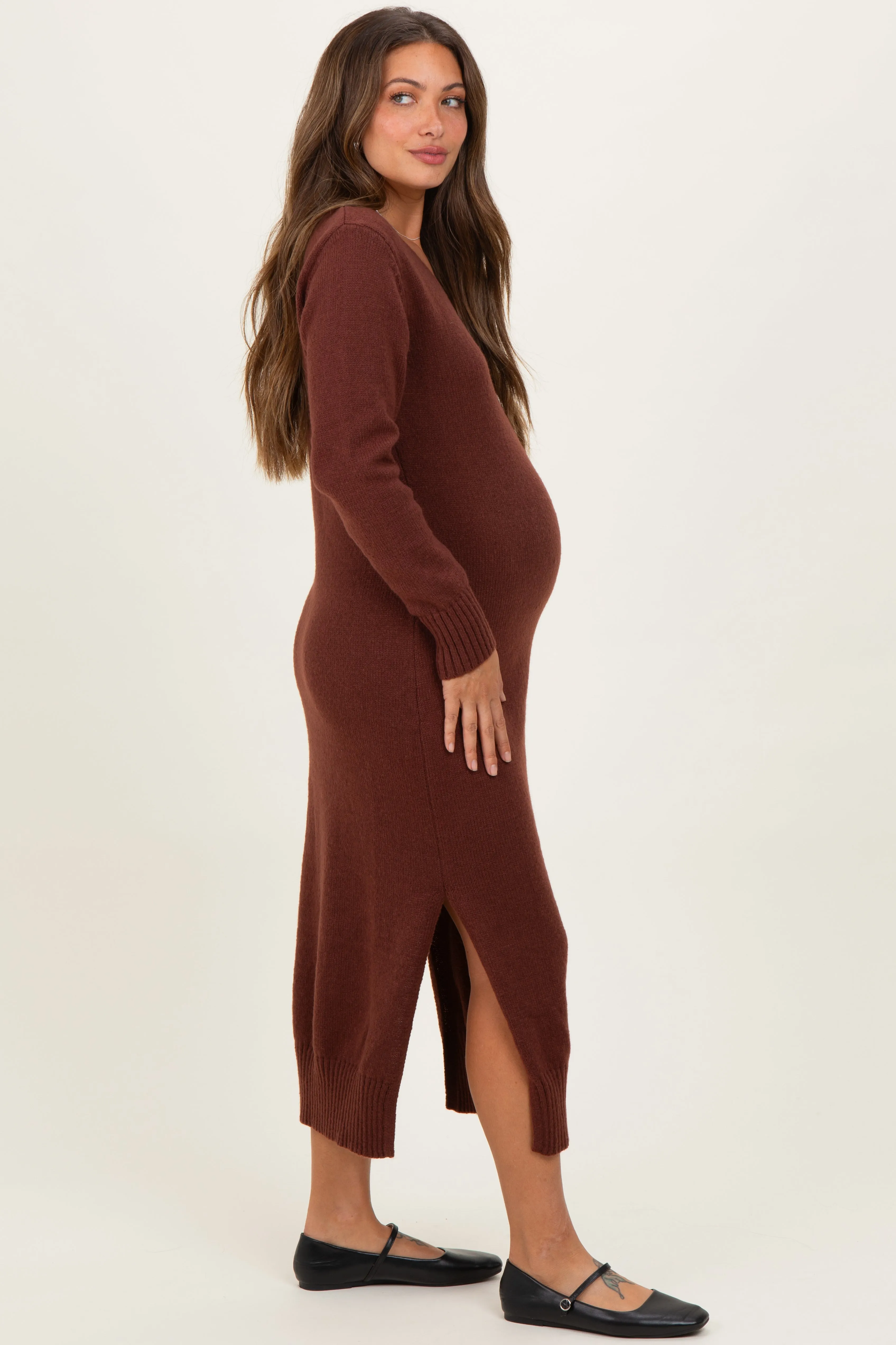 Brown V-Neck Relaxed Fit Maternity Sweater Dress sold by Pinkblush product image thumbnail 3
