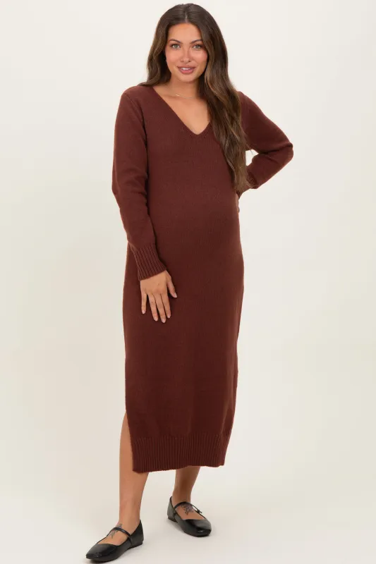 Brown V-Neck Relaxed Fit Maternity Sweater Dress sold by Pinkblush