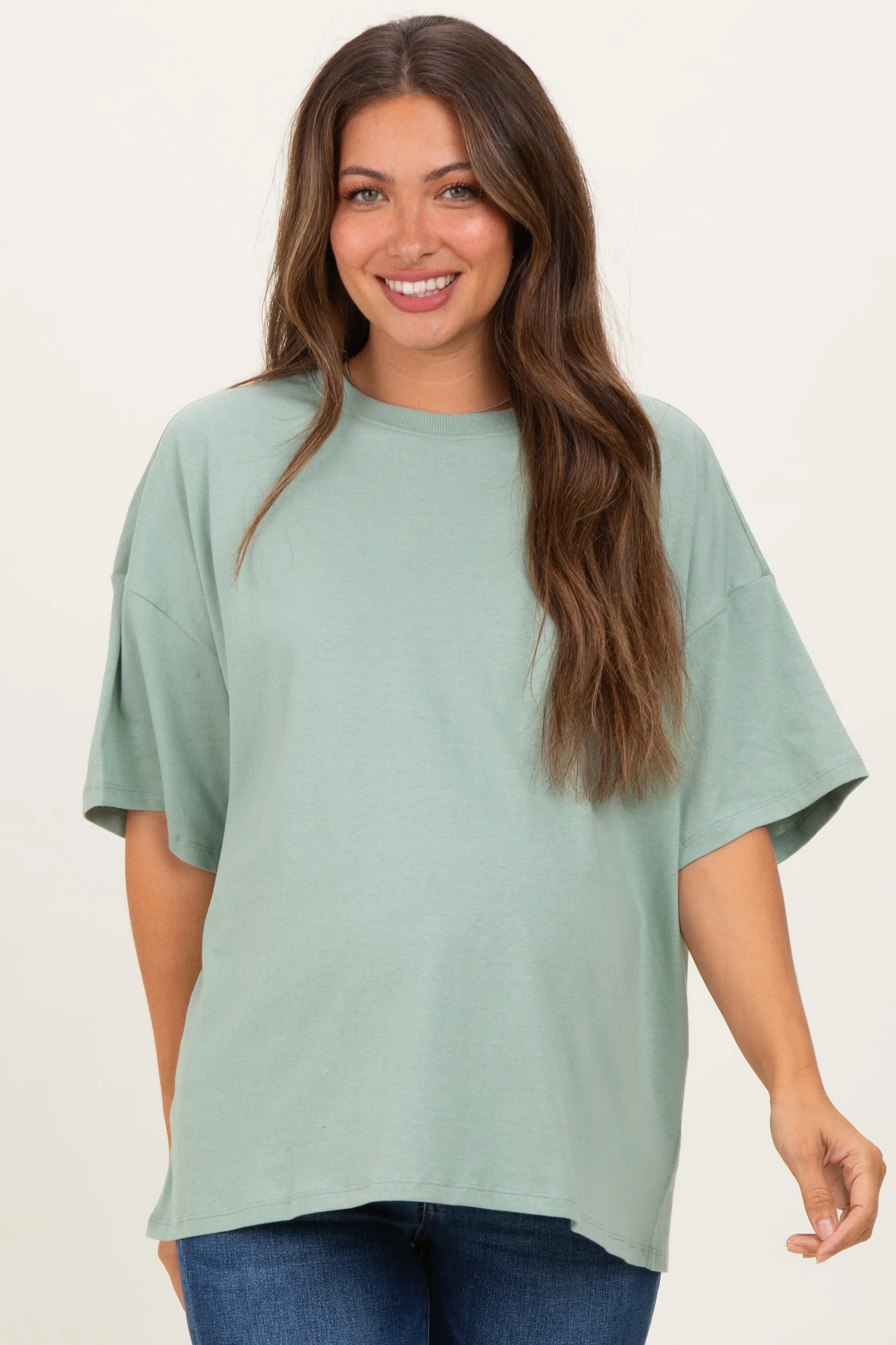 Light Sage Crew Neck Short Sleeve Oversized Maternity T-Shirt sold by Pinkblush