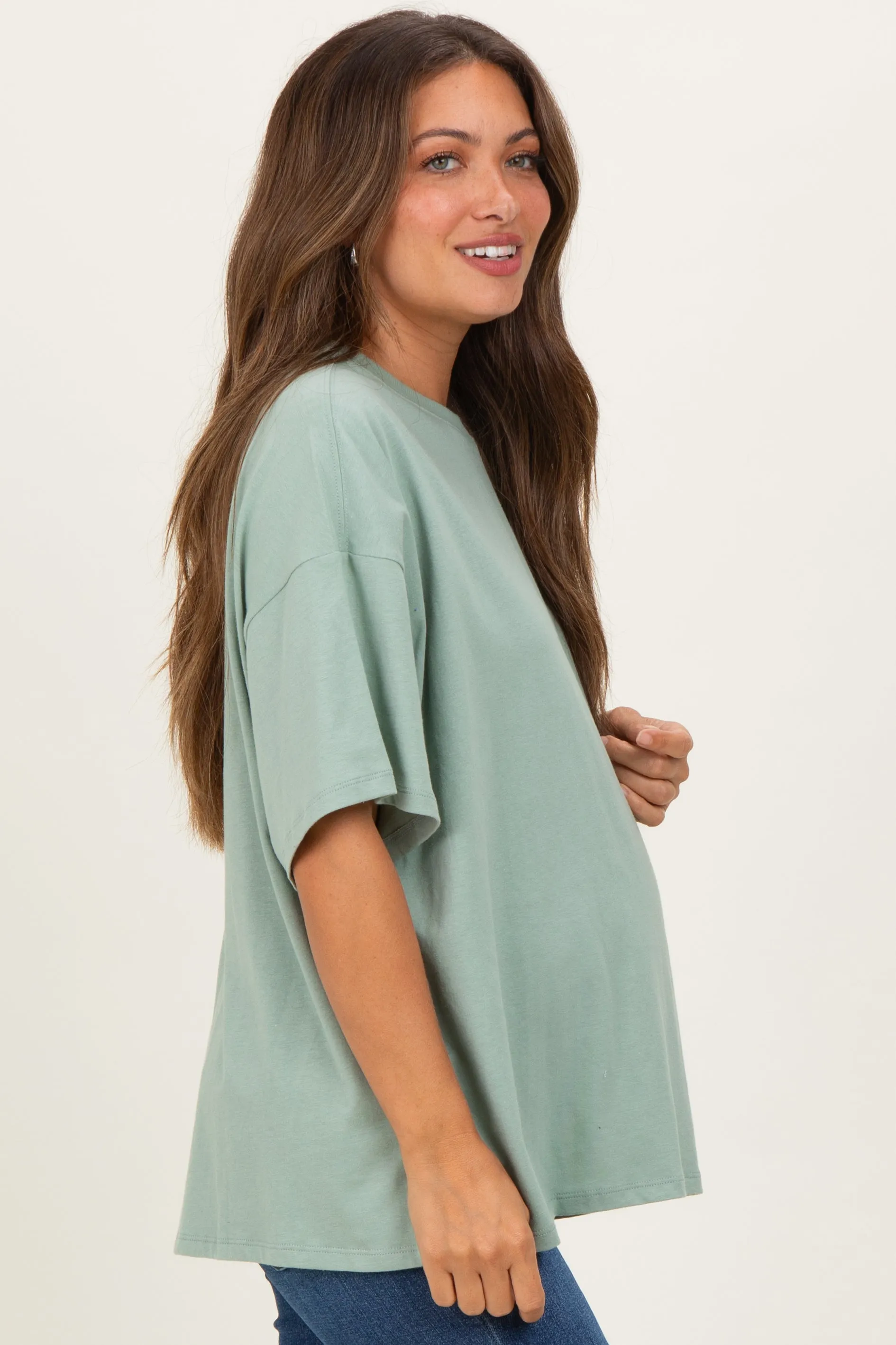 Light Sage Crew Neck Short Sleeve Oversized Maternity T-Shirt sold by Pinkblush product image thumbnail 3