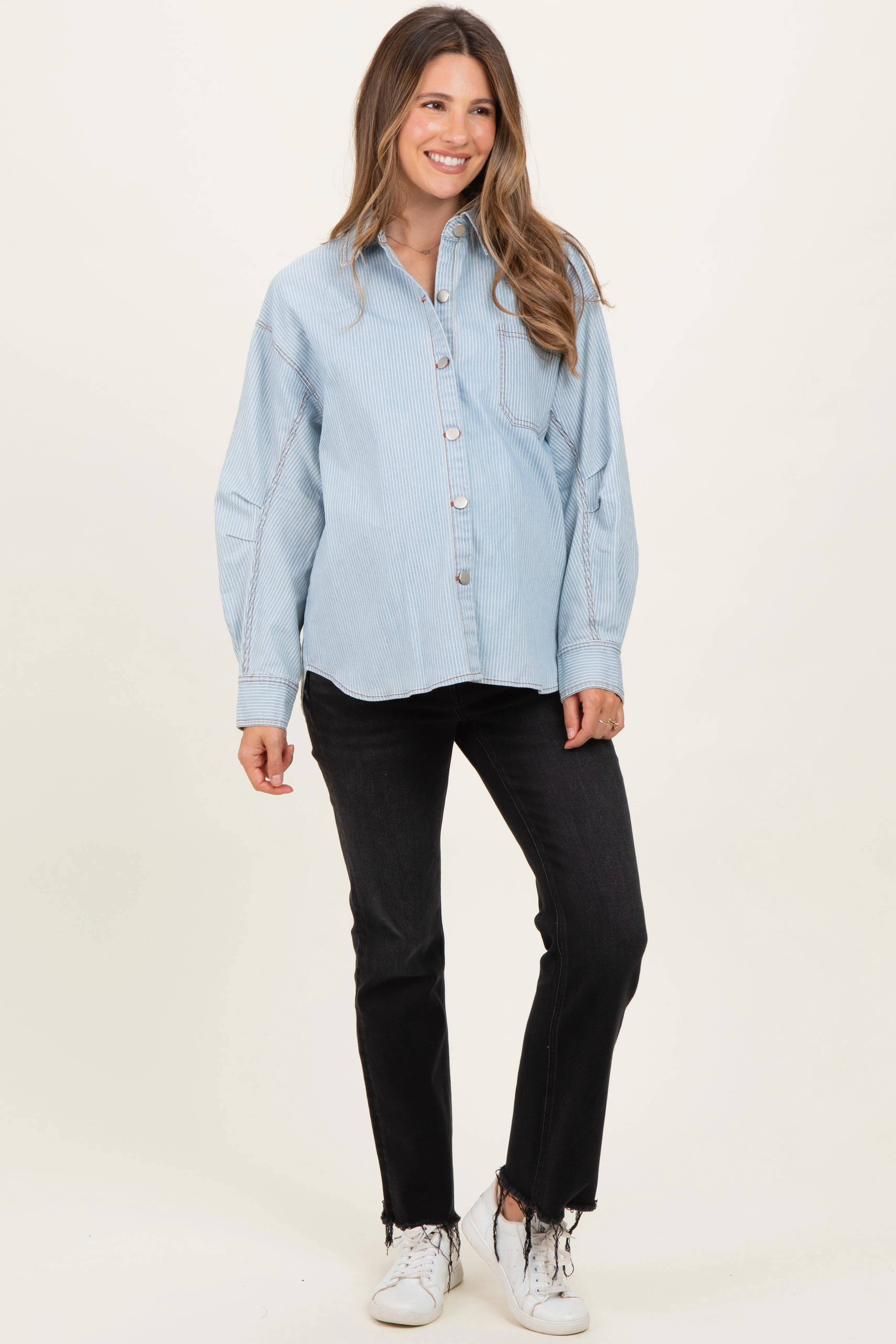 Denim-White Stripe Oversized Maternity Shacket sold by Pinkblush