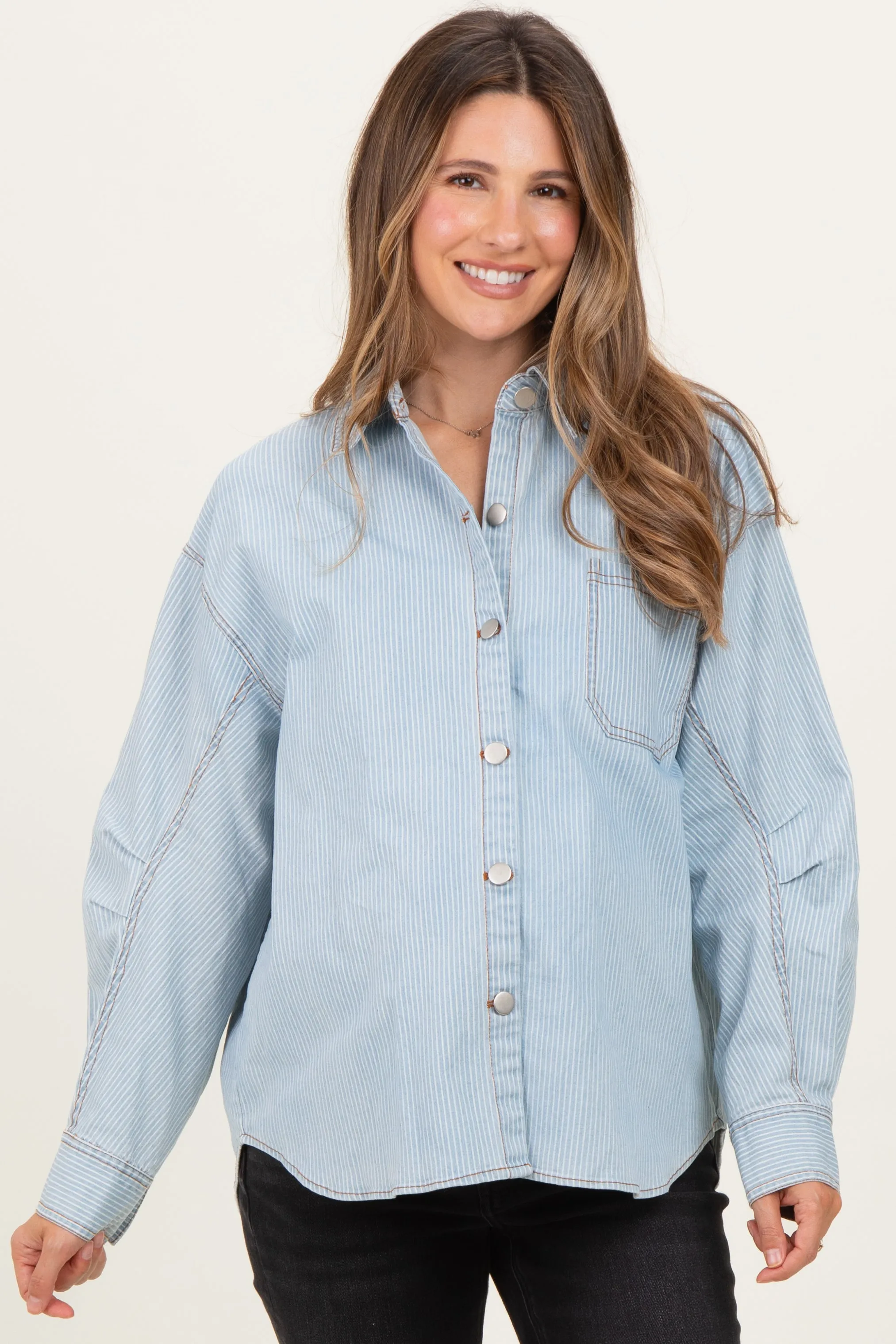 Denim-White Stripe Oversized Maternity Shacket sold by Pinkblush product image thumbnail 2