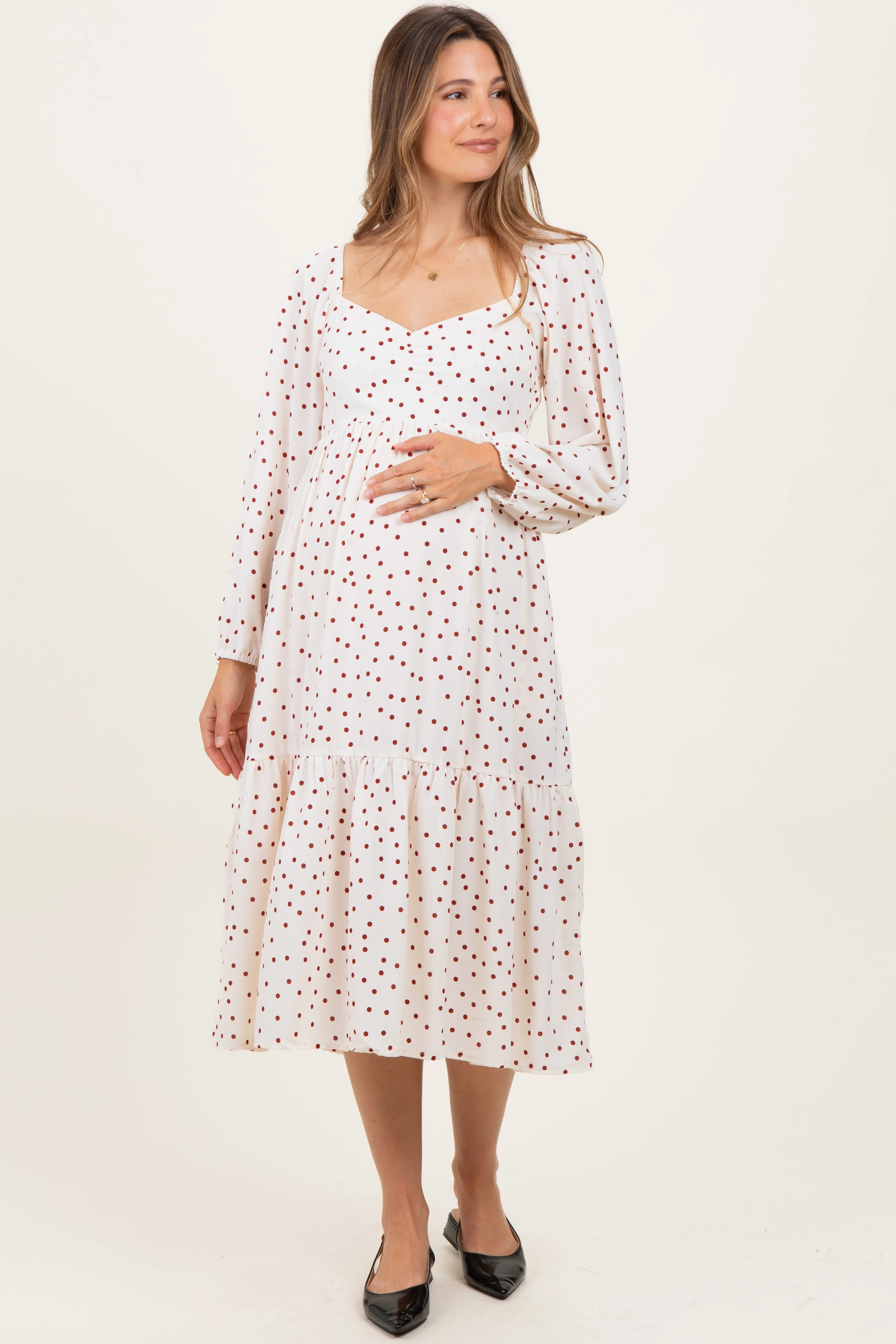 Cream Polka Dots Sweetheart Neck Maternity Midi Dress sold by Pinkblush