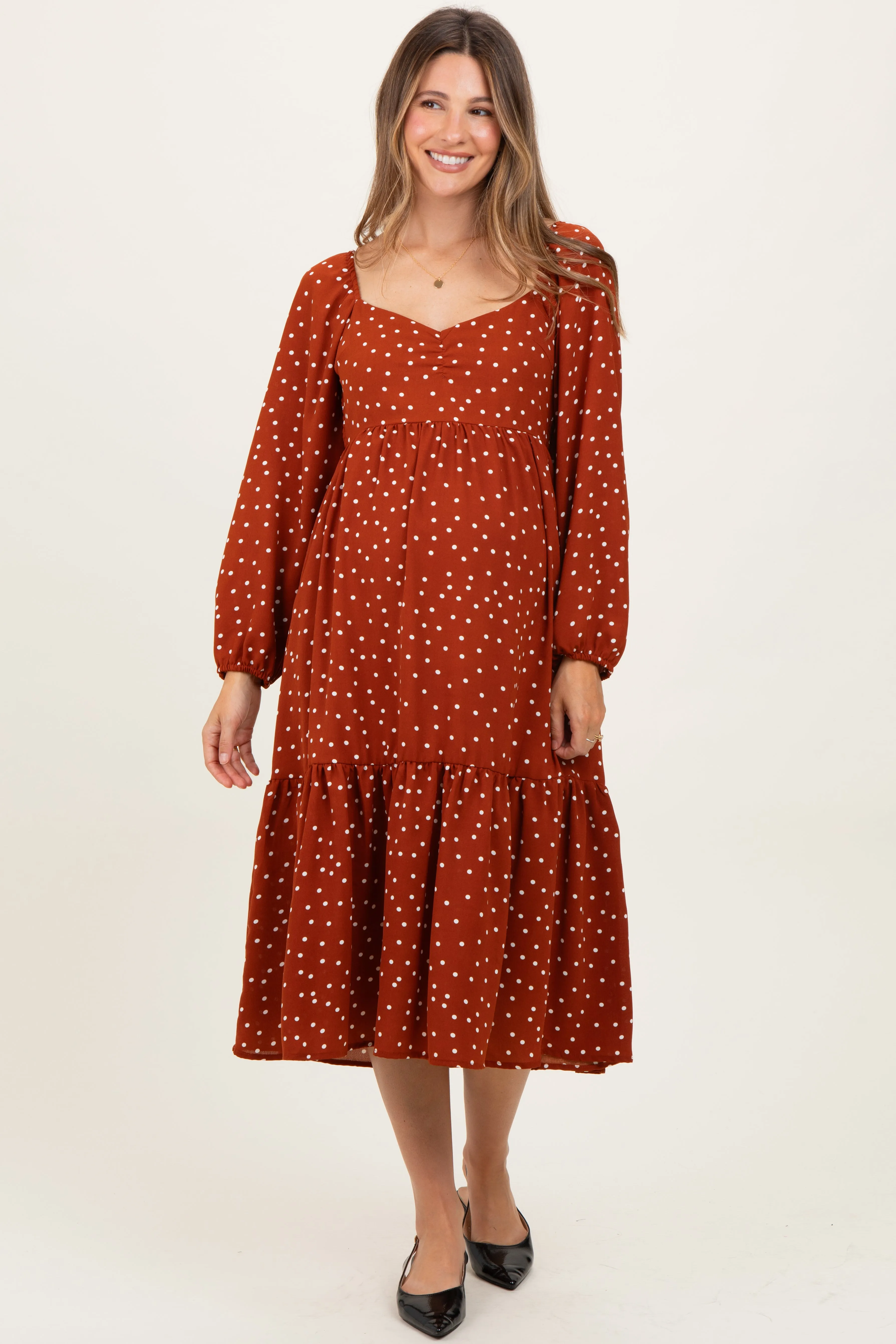 Rust Polka Dots Sweetheart Neck Maternity Midi Dress sold by Pinkblush product image thumbnail 2